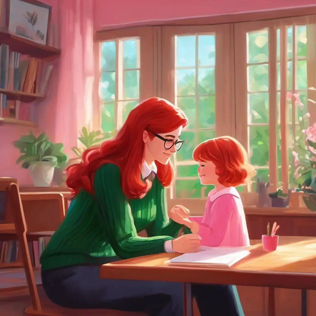 Kind teacher with glasses, red hair, and a green sweater empathizes with A little girl with black long hair, wearing a pink dress, offering her support and comfort.