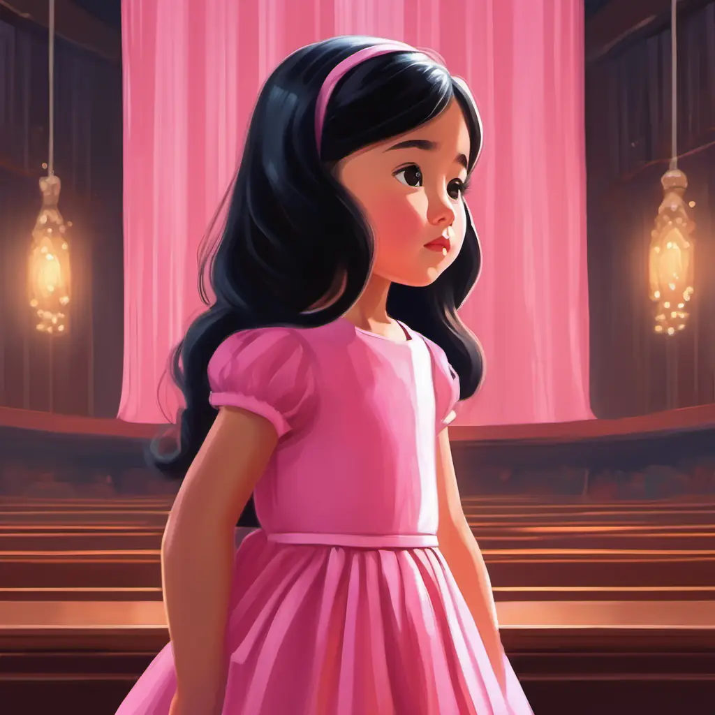 A little girl with black long hair, wearing a pink dress is on stage, feeling nervous but ready.