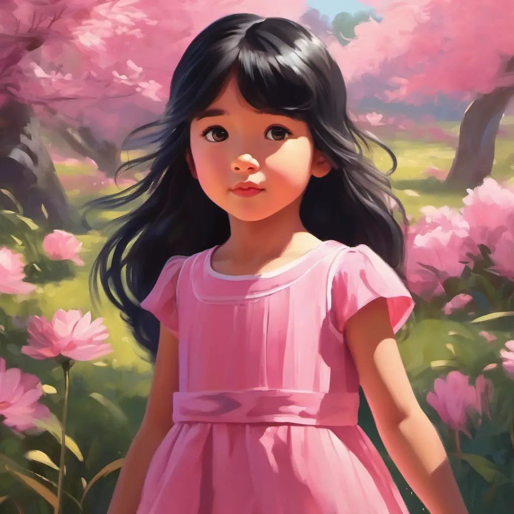 A little girl with black long hair, wearing a pink dress practices her lines, gaining more self-assurance.