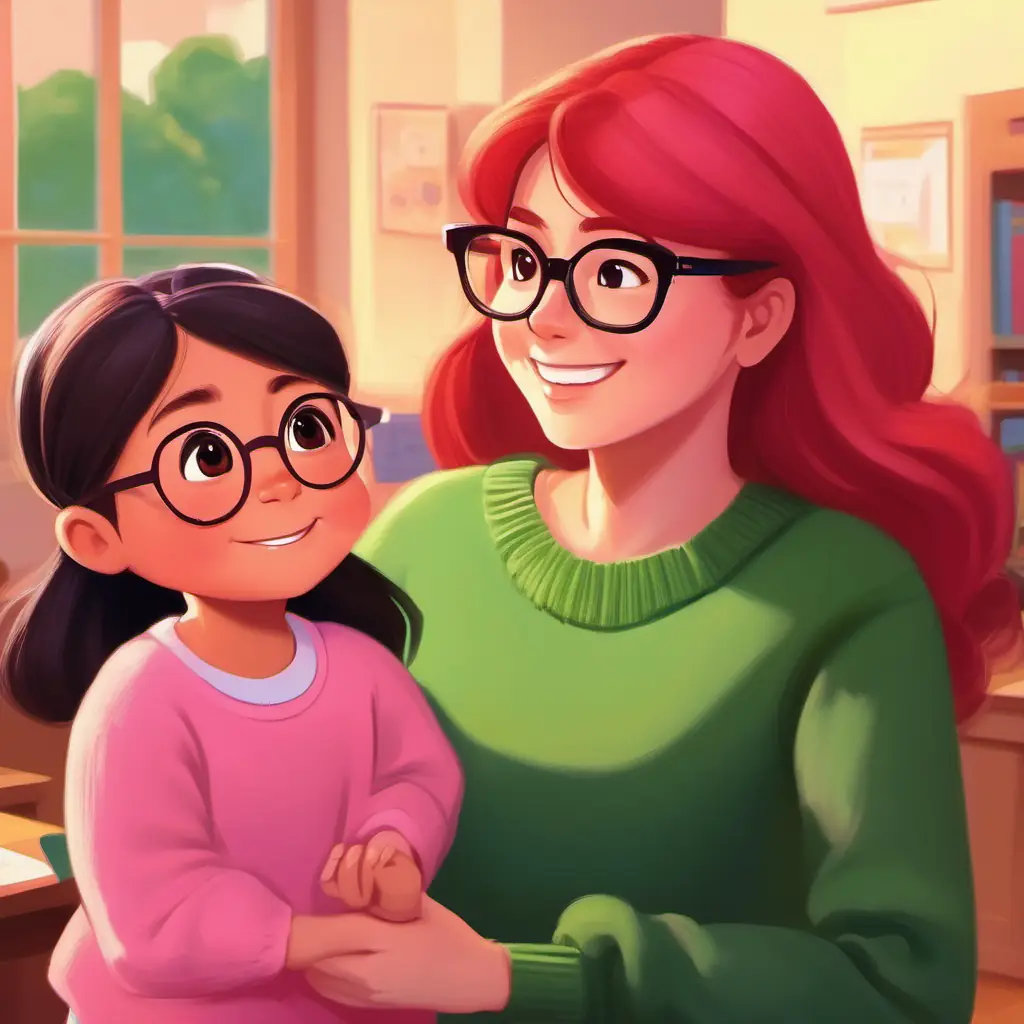 Kind teacher with glasses, red hair, and a green sweater offers to help A little girl with black long hair, wearing a pink dress practice to gain assurance.
