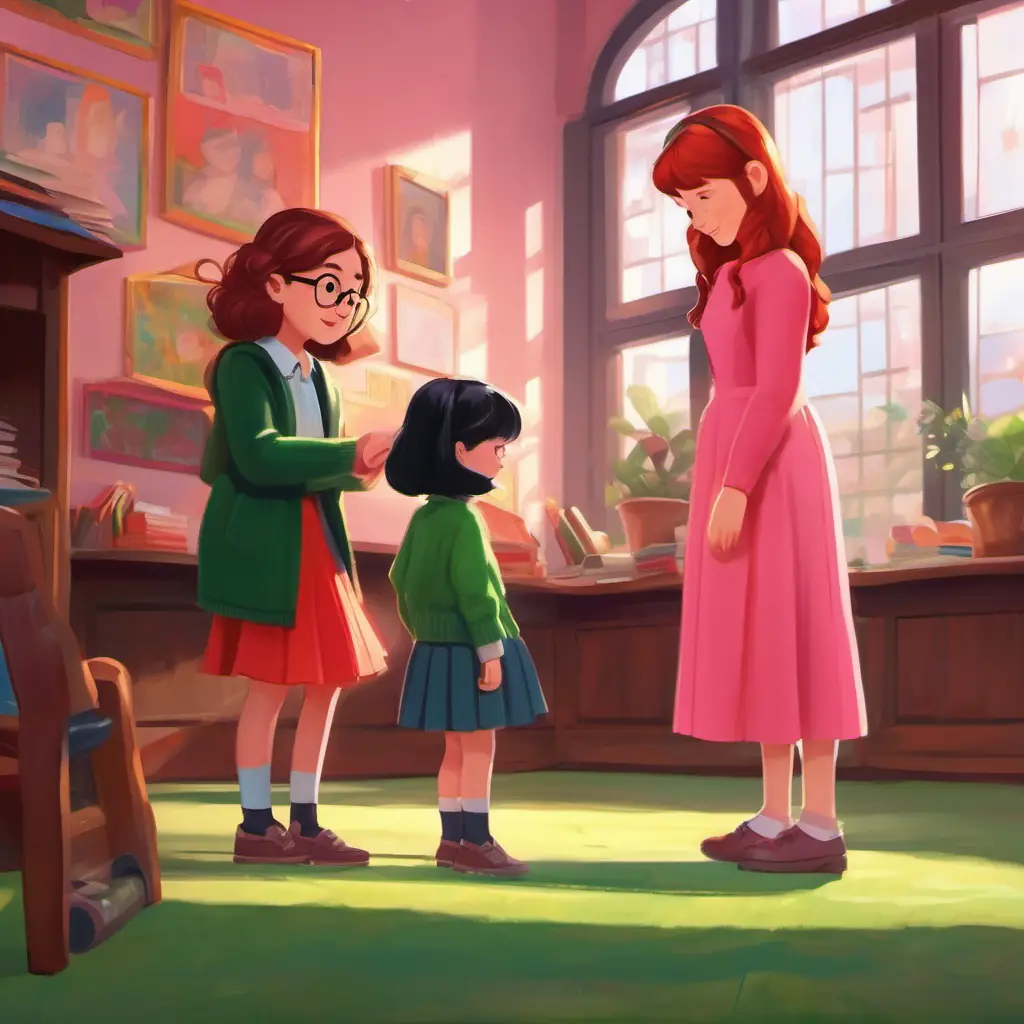 A little girl with black long hair, wearing a pink dress confides in Kind teacher with glasses, red hair, and a green sweater about her school play mishap.