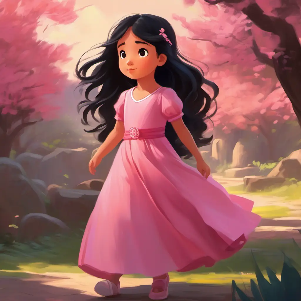 A little girl with black long hair, wearing a pink dress starts her performance, taking a deep breath for courage.
