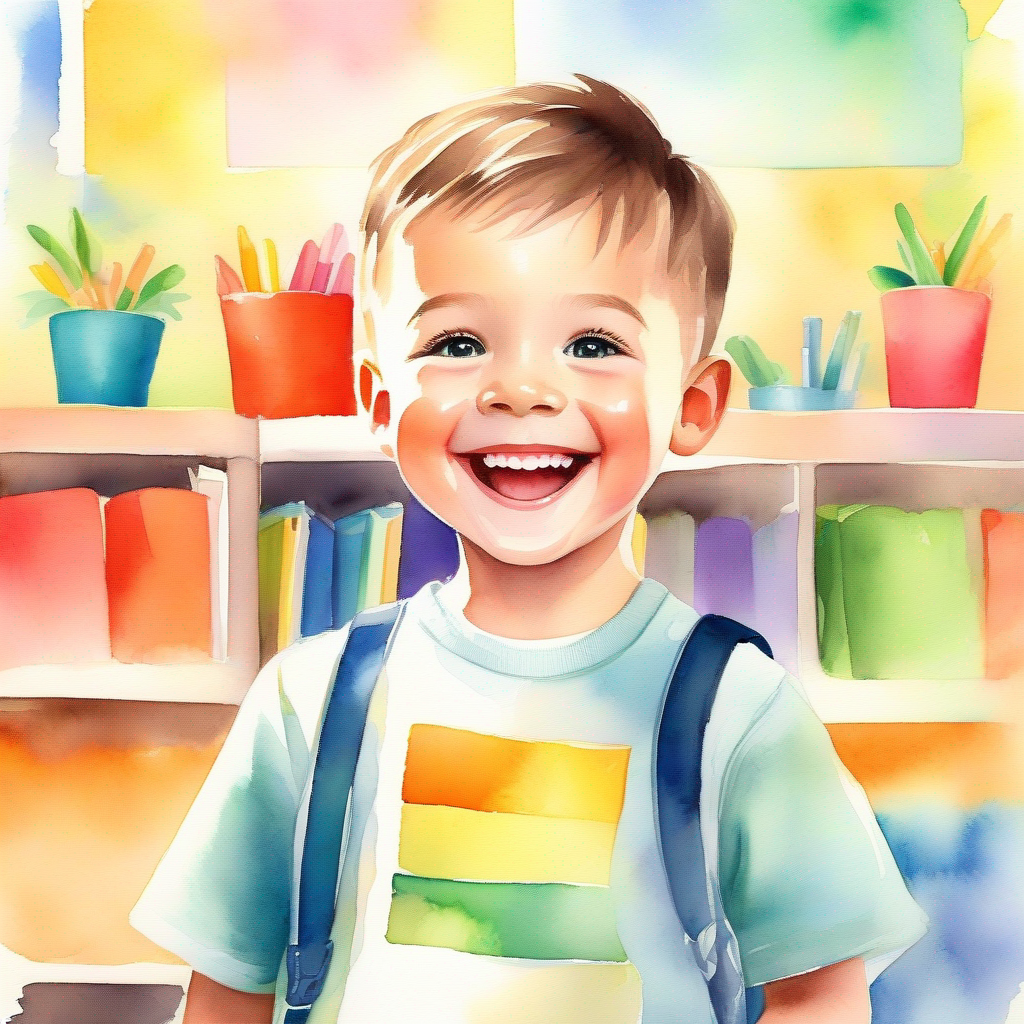 Kind, honest boy with a big smile smiling, colorful classroom