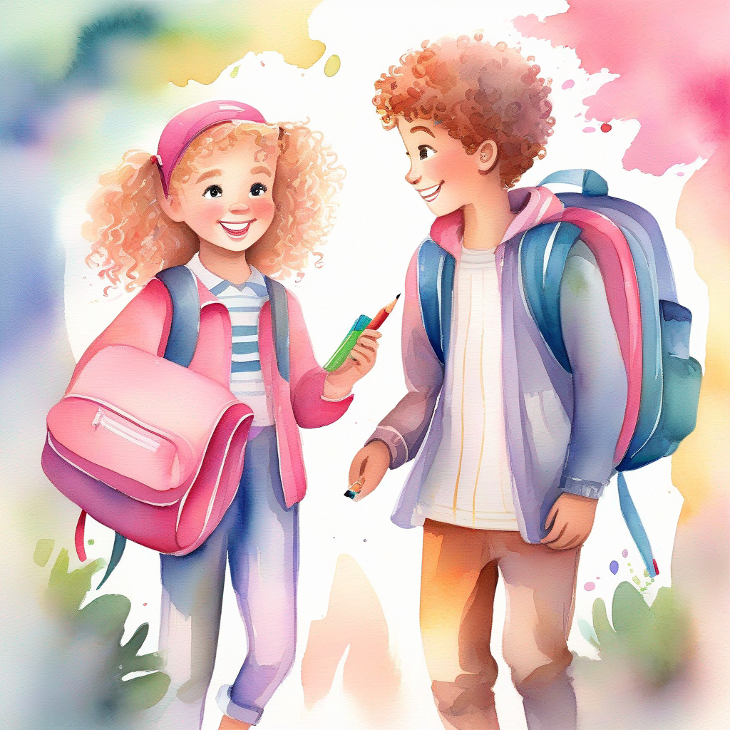 Kind, honest boy with a big smile and Friendly girl with curly hair and a pink backpack exchanging eraser and pencil case