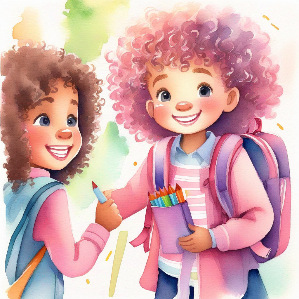 Kind, honest boy with a big smile asking for his pencil case, Friendly girl with curly hair and a pink backpack returning it