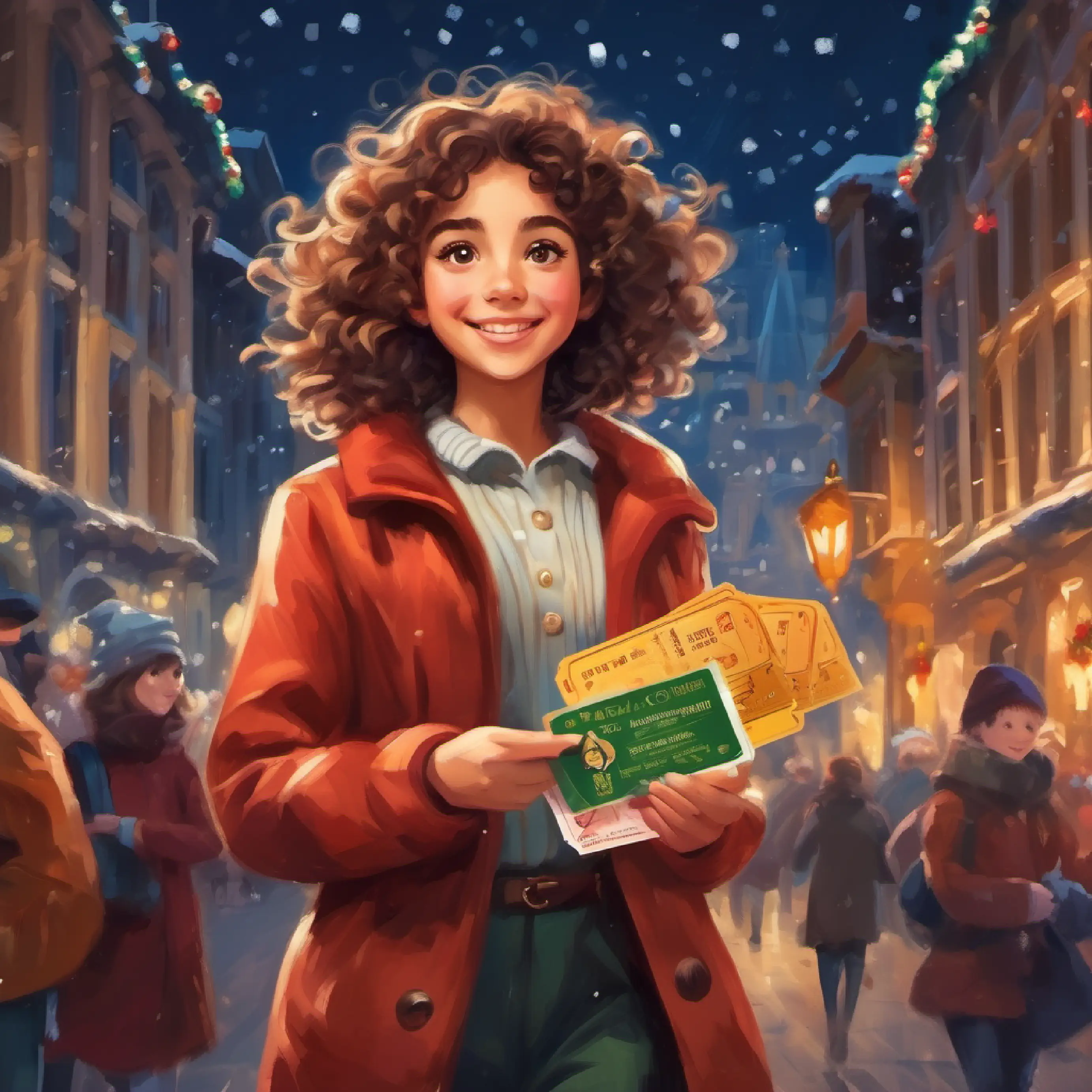 Curly-haired girl with amber eyes, spirited and dreamy runs excited to the theater, holding a special ticket.