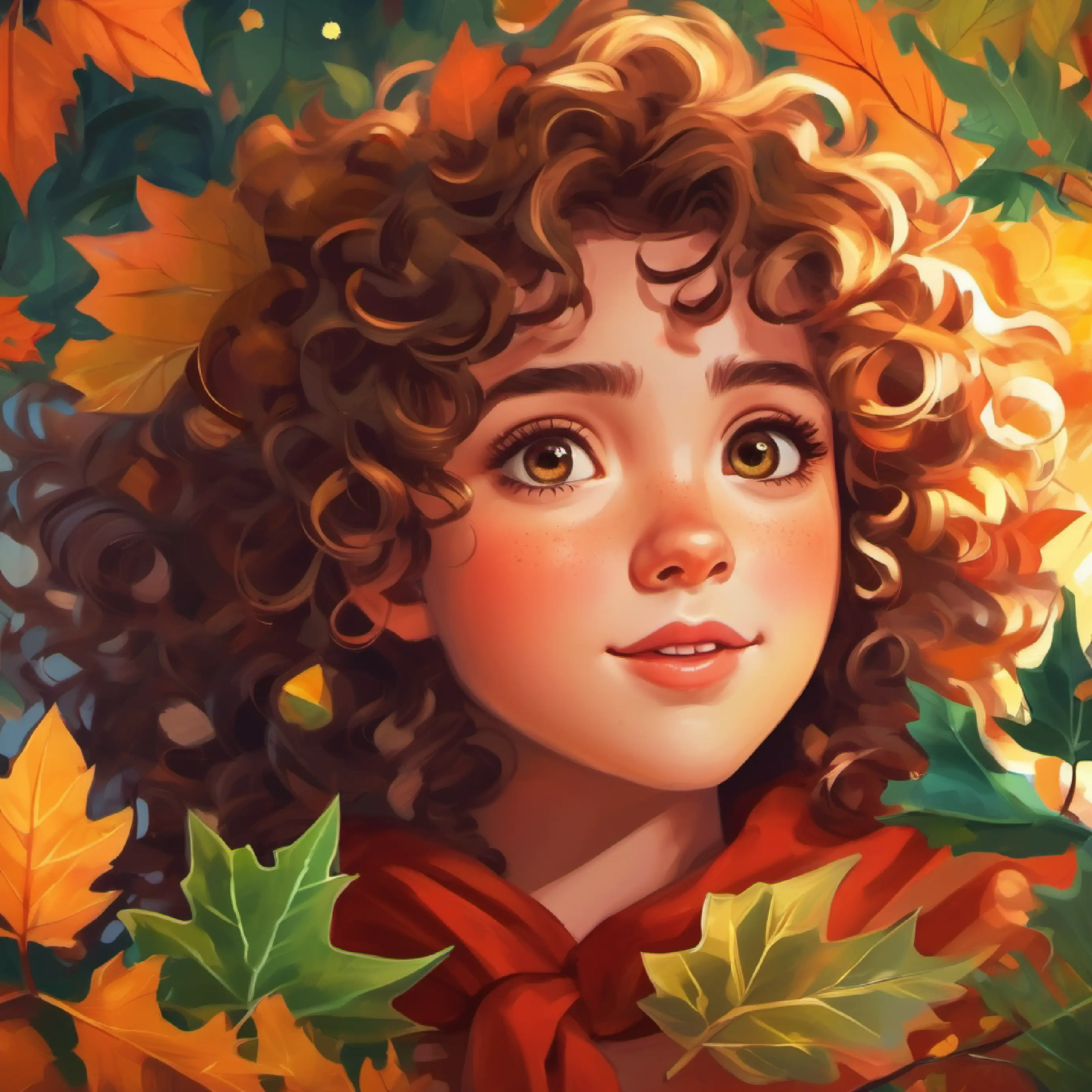 Curly-haired girl with amber eyes, spirited and dreamy leaves feeling fulfilled, curious about future dreams to be shared.