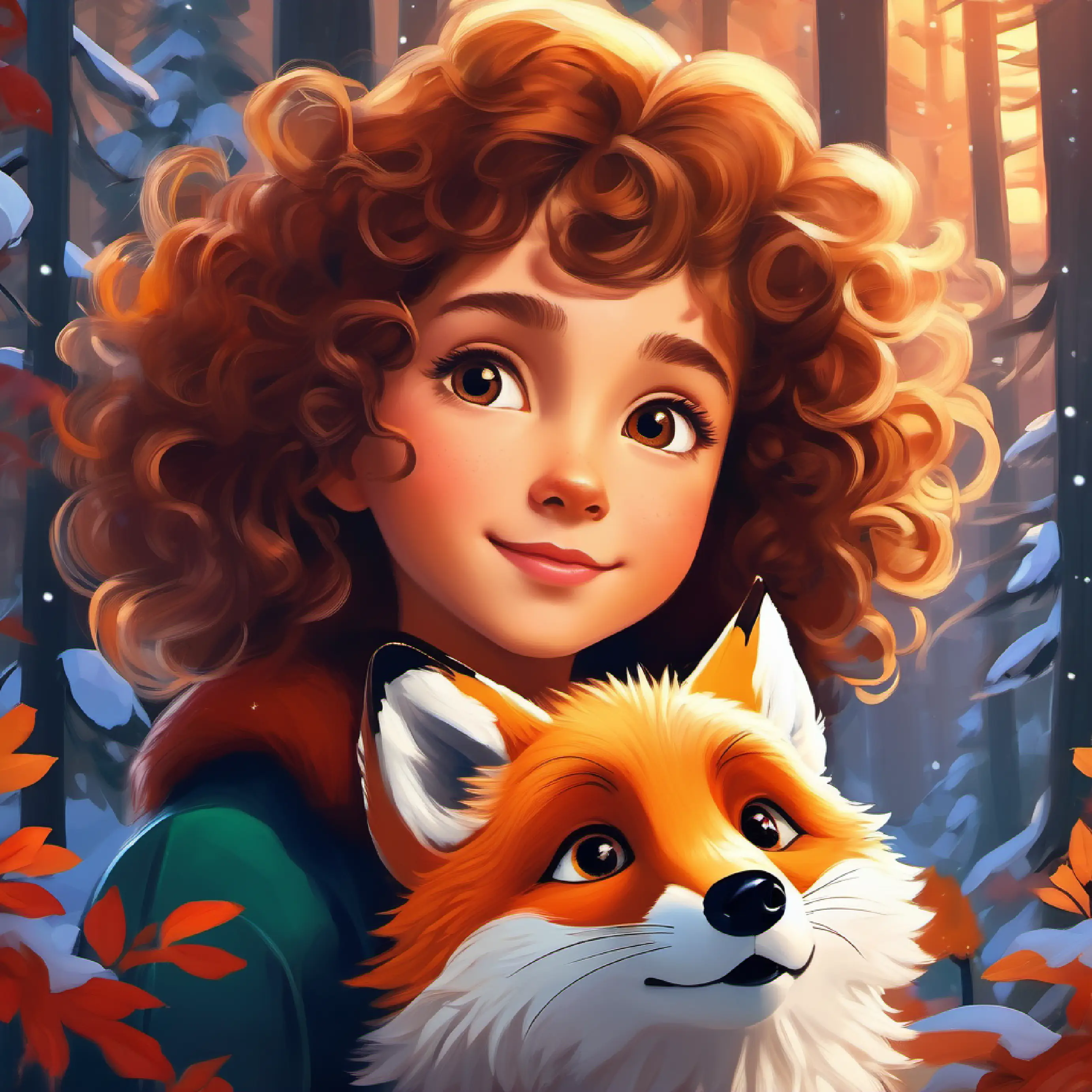 Curly-haired girl with amber eyes, spirited and dreamy's dream movie about a lost fox cub seeking its mother in the forest.