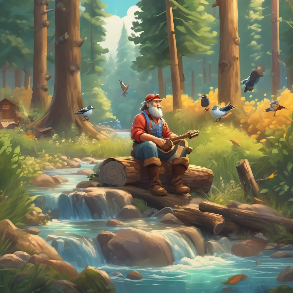 A happy lumberjack sitting by the edge of a forest with tall trees and birds flying around, and a bubbling brook in the background.