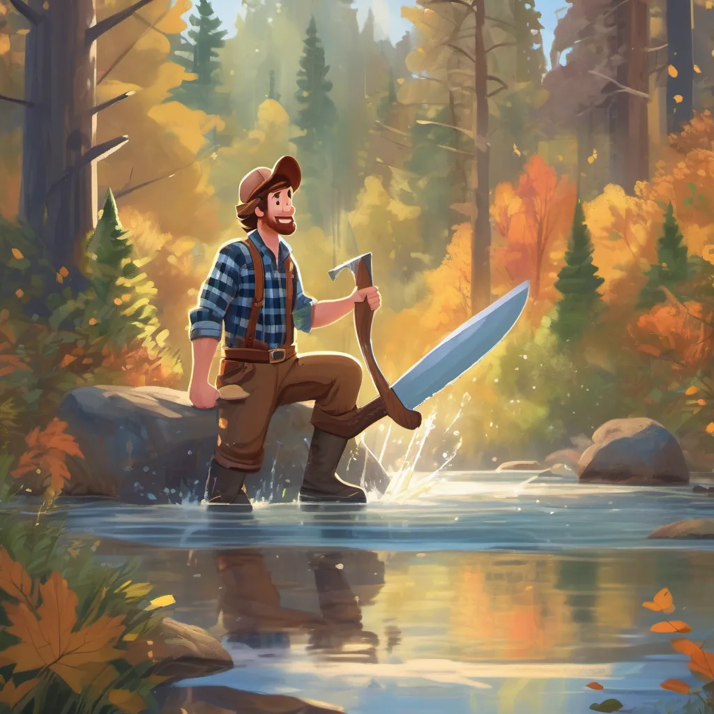 Lumberjack A kind, gentle lumberjack with brown hair and a plaid shirt, who loves nature and singing accidentally dropping his axe into a sparkling stream with water splashing in a bright, sunny morning.