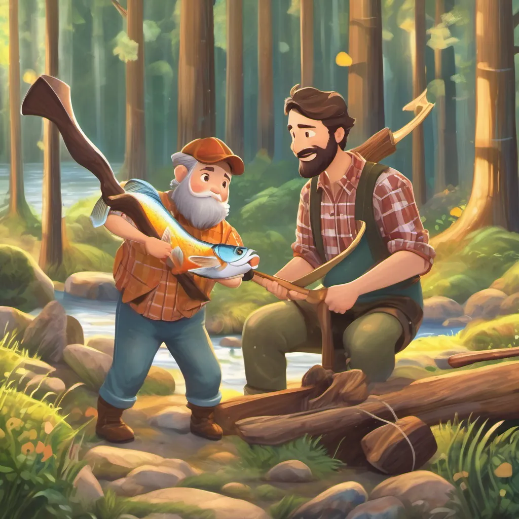 The fish handing over the shiny axe to A kind, gentle lumberjack with brown hair and a plaid shirt, who loves nature and singing and reminding him of his promise.