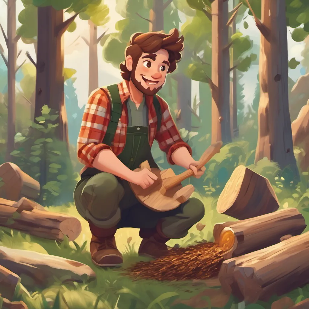 A kind, gentle lumberjack with brown hair and a plaid shirt, who loves nature and singing chopping wood happily while planting seeds, with the forest looking greener and more beautiful.