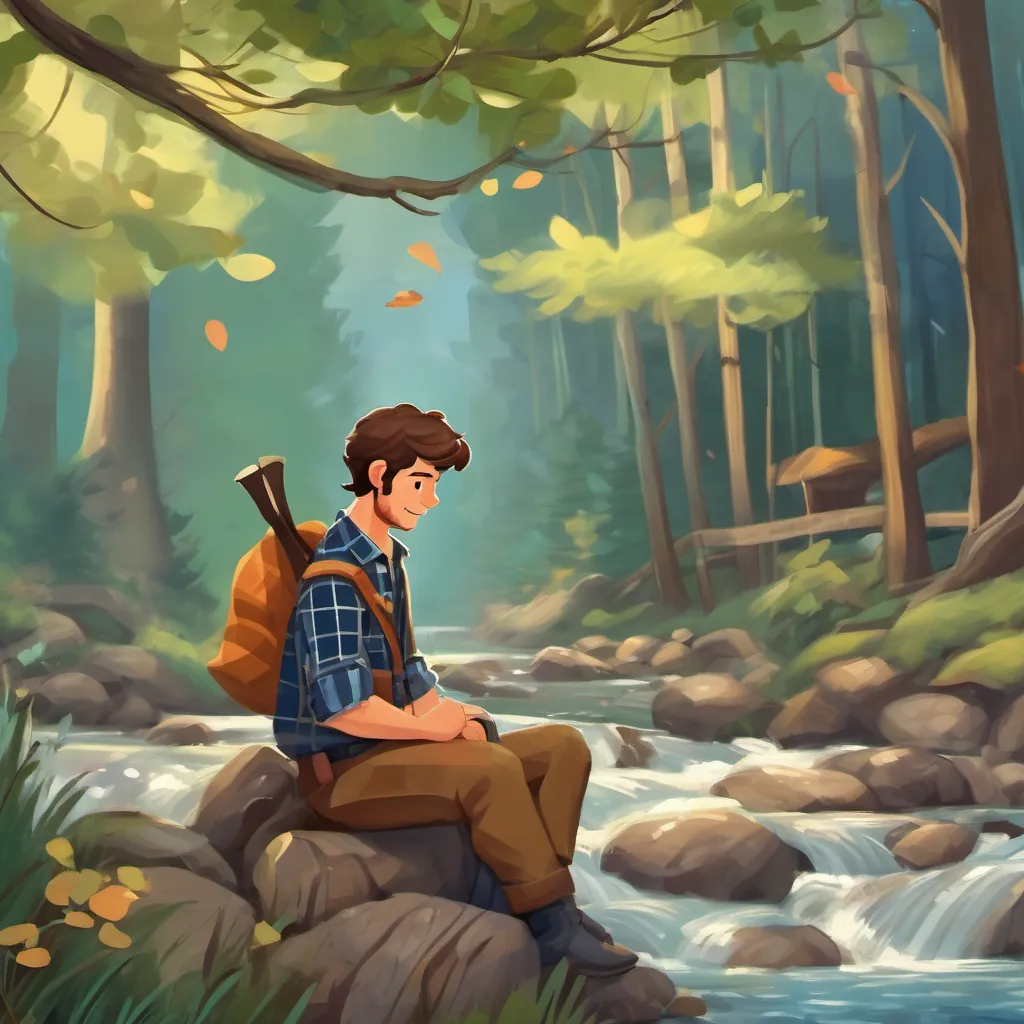 Lumberjack A kind, gentle lumberjack with brown hair and a plaid shirt, who loves nature and singing sitting by the stream, crying, with tears on his cheeks as the stream rushes by.