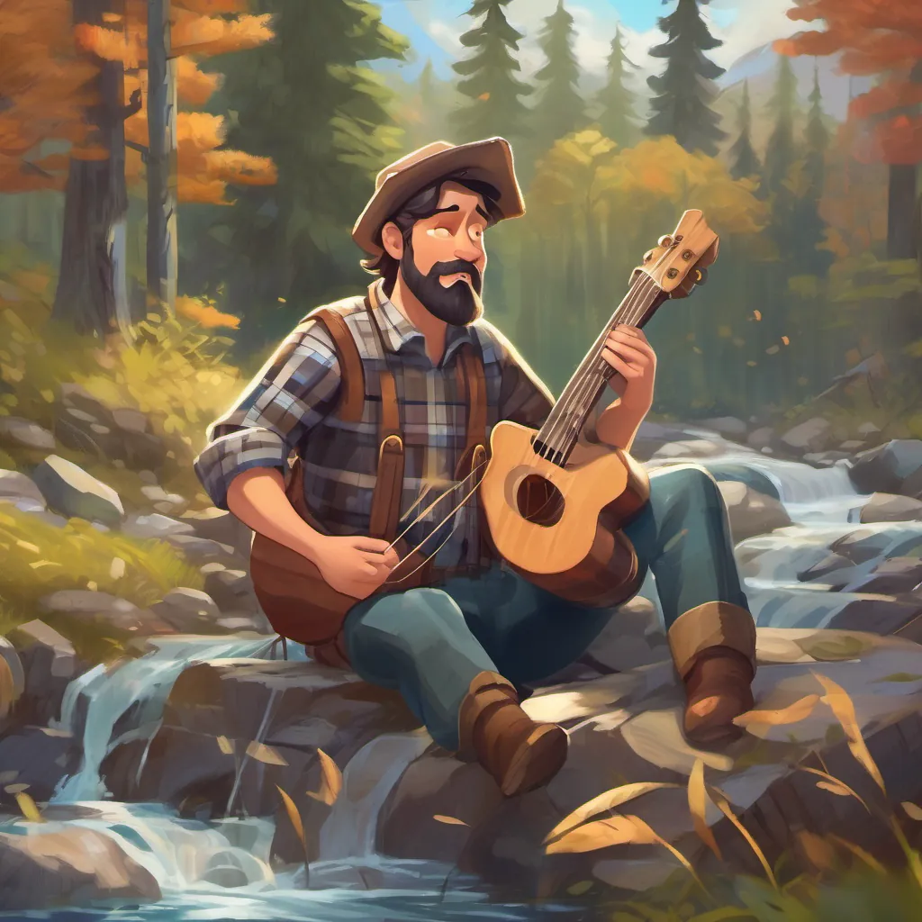 Lumberjack A kind, gentle lumberjack with brown hair and a plaid shirt, who loves nature and singing singing by the stream with musical notes floating around, expressing his sorrow over losing his axe.