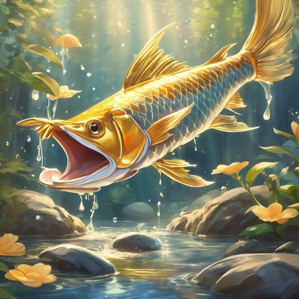 A shimmering fish with a golden tail jumping out of the stream with water splashing around it.