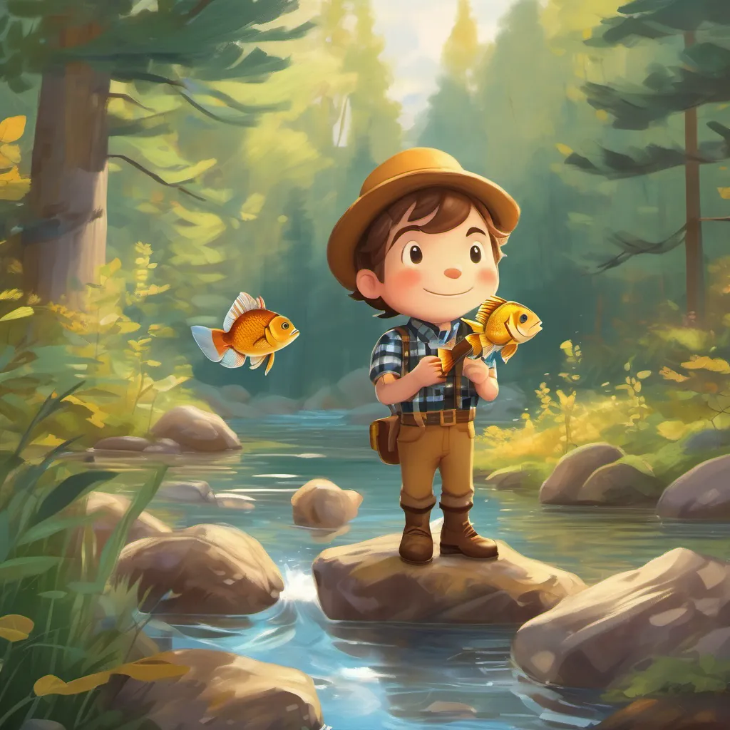 The golden-tailed fish speaking to A kind, gentle lumberjack with brown hair and a plaid shirt, who loves nature and singing from the stream, with a curious expression on its face.