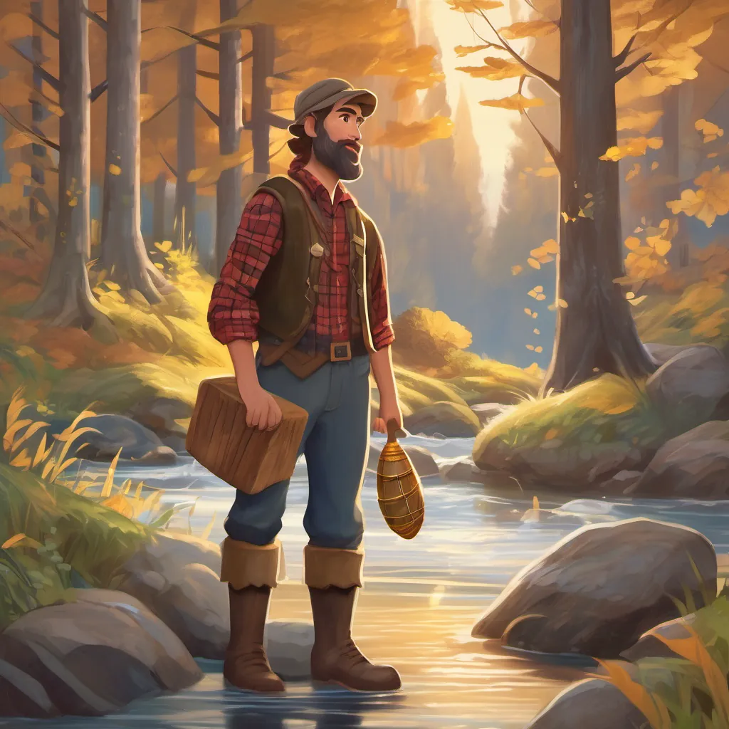 A kind, gentle lumberjack with brown hair and a plaid shirt, who loves nature and singing explaining his sorrow to the golden-tailed fish from the stream.