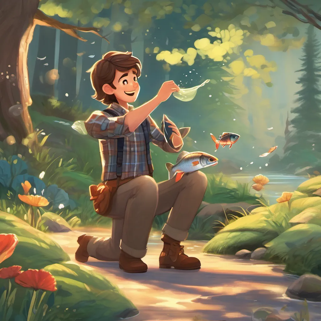 A kind, gentle lumberjack with brown hair and a plaid shirt, who loves nature and singing happily agreeing with the fish's proposal, looking much more cheerful.