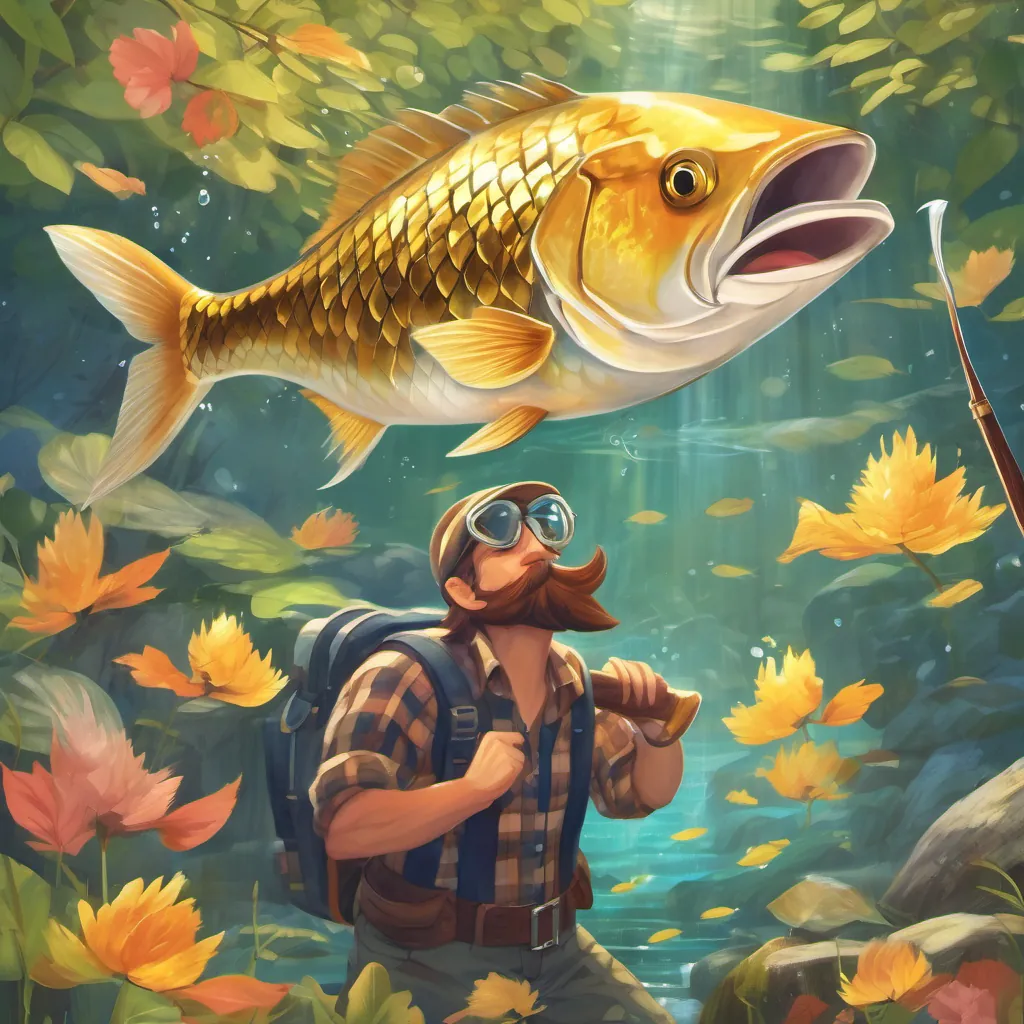 The golden-tailed fish diving deep and then reappearing with A kind, gentle lumberjack with brown hair and a plaid shirt, who loves nature and singing's shiny axe on its nose.