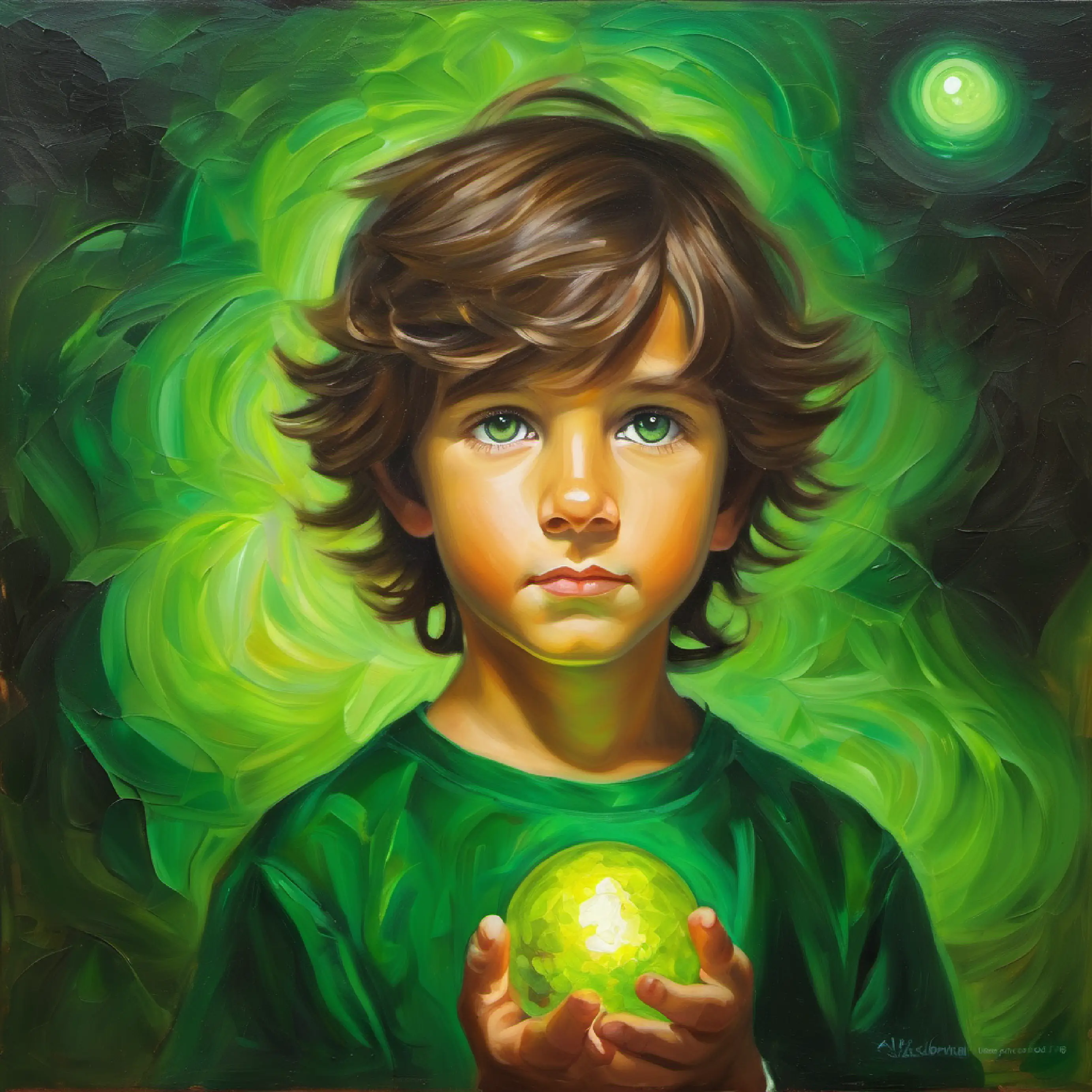 Courageous boy, tousled brown hair, bright green eyes solves final riddle and receives an orb from the Guardian.