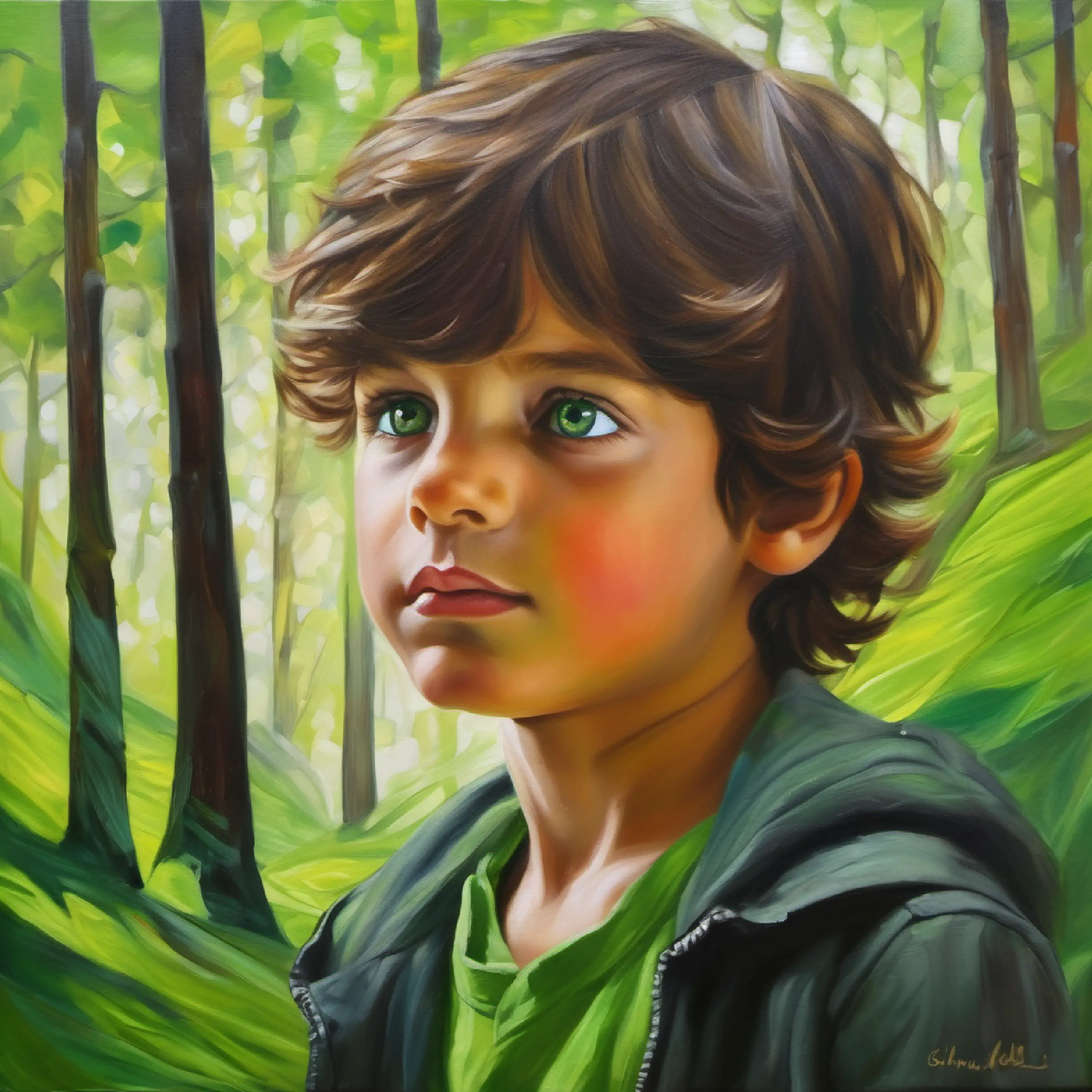 Courageous boy, tousled brown hair, bright green eyes in Whistling Woods, deciphering whispers for guidance.