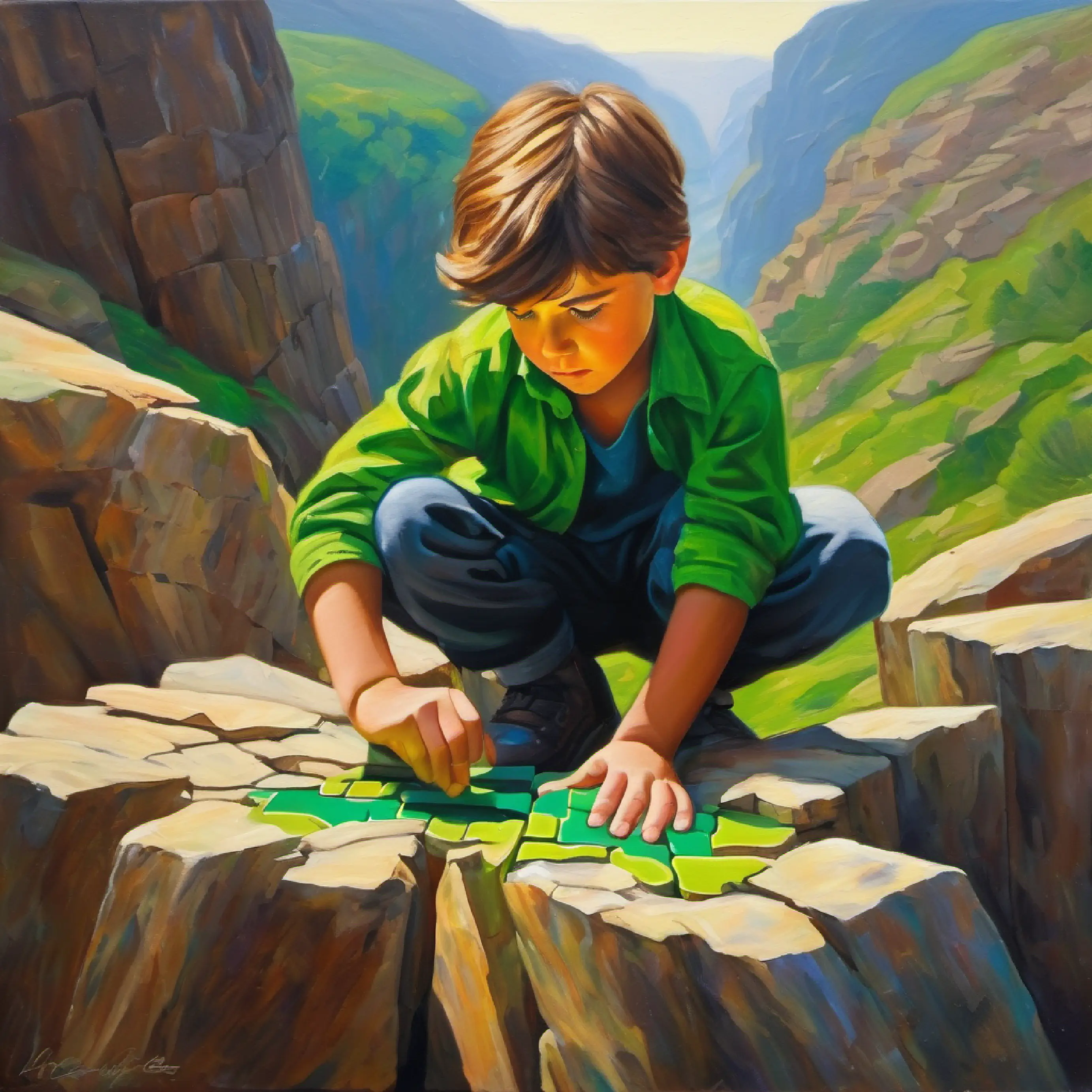 Courageous boy, tousled brown hair, bright green eyes faces a stone puzzle to cross a chasm.