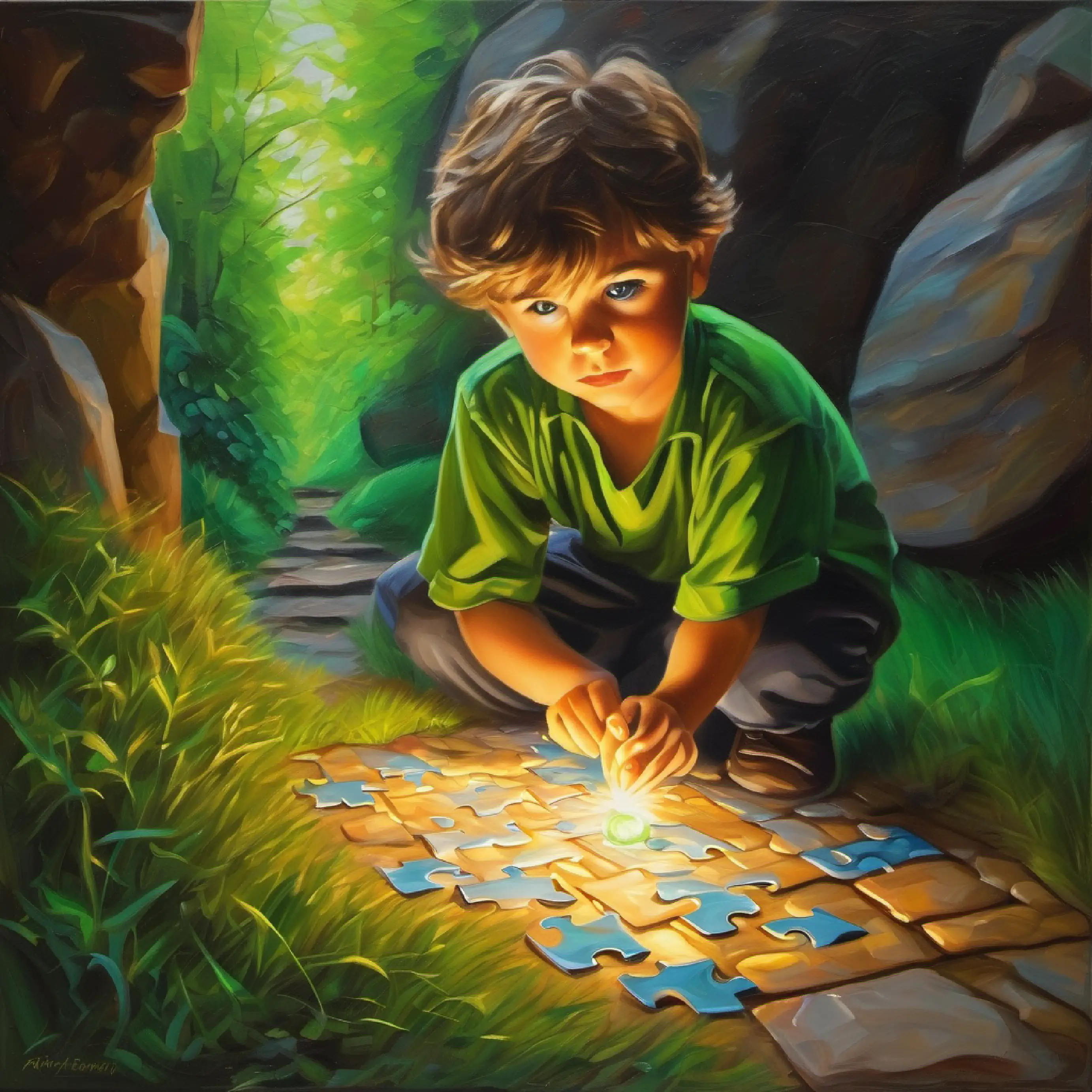 Courageous boy, tousled brown hair, bright green eyes solves the stone puzzle, and the path lights up.