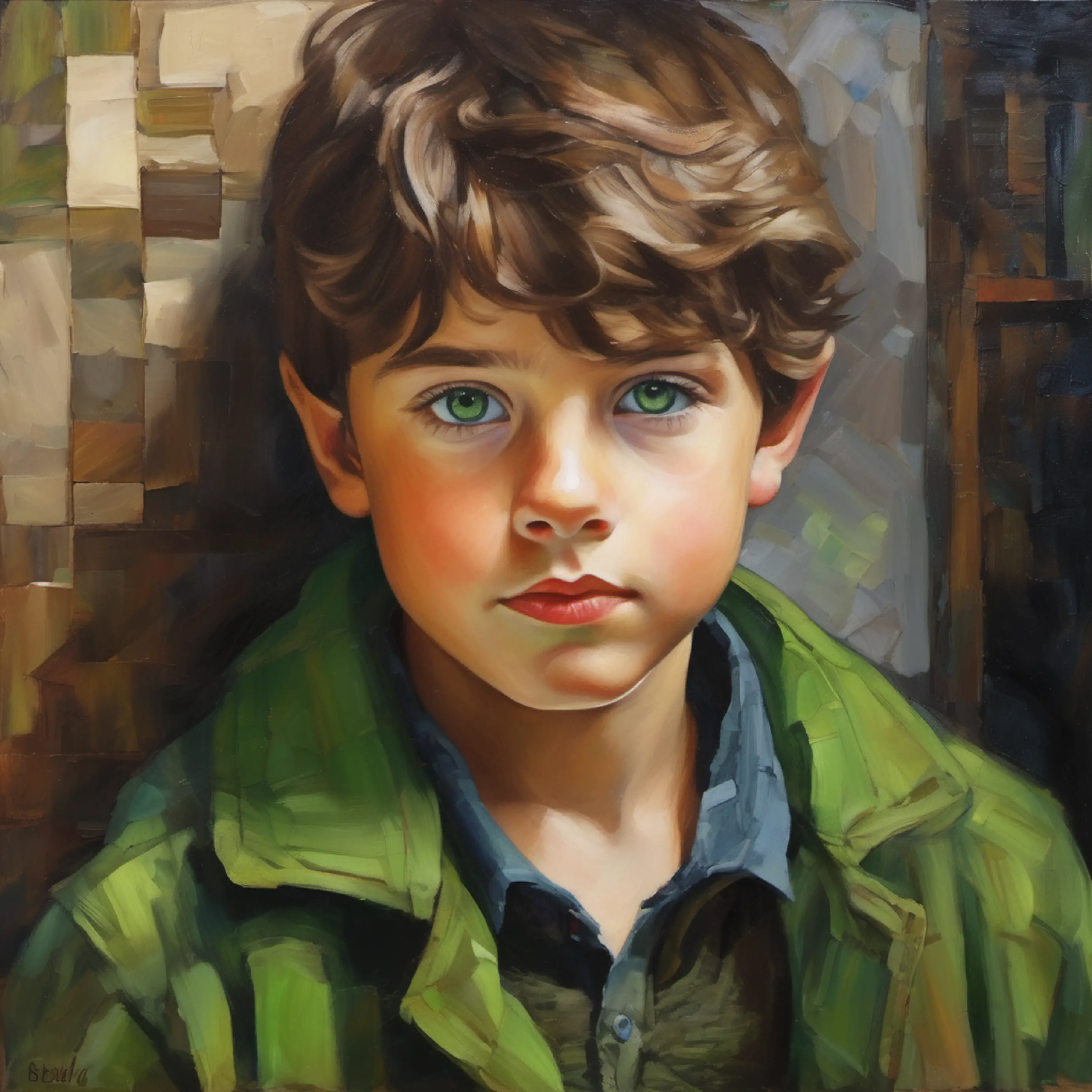 Courageous boy, tousled brown hair, bright green eyes in the Archive of Echoes, piecing together history and clues.