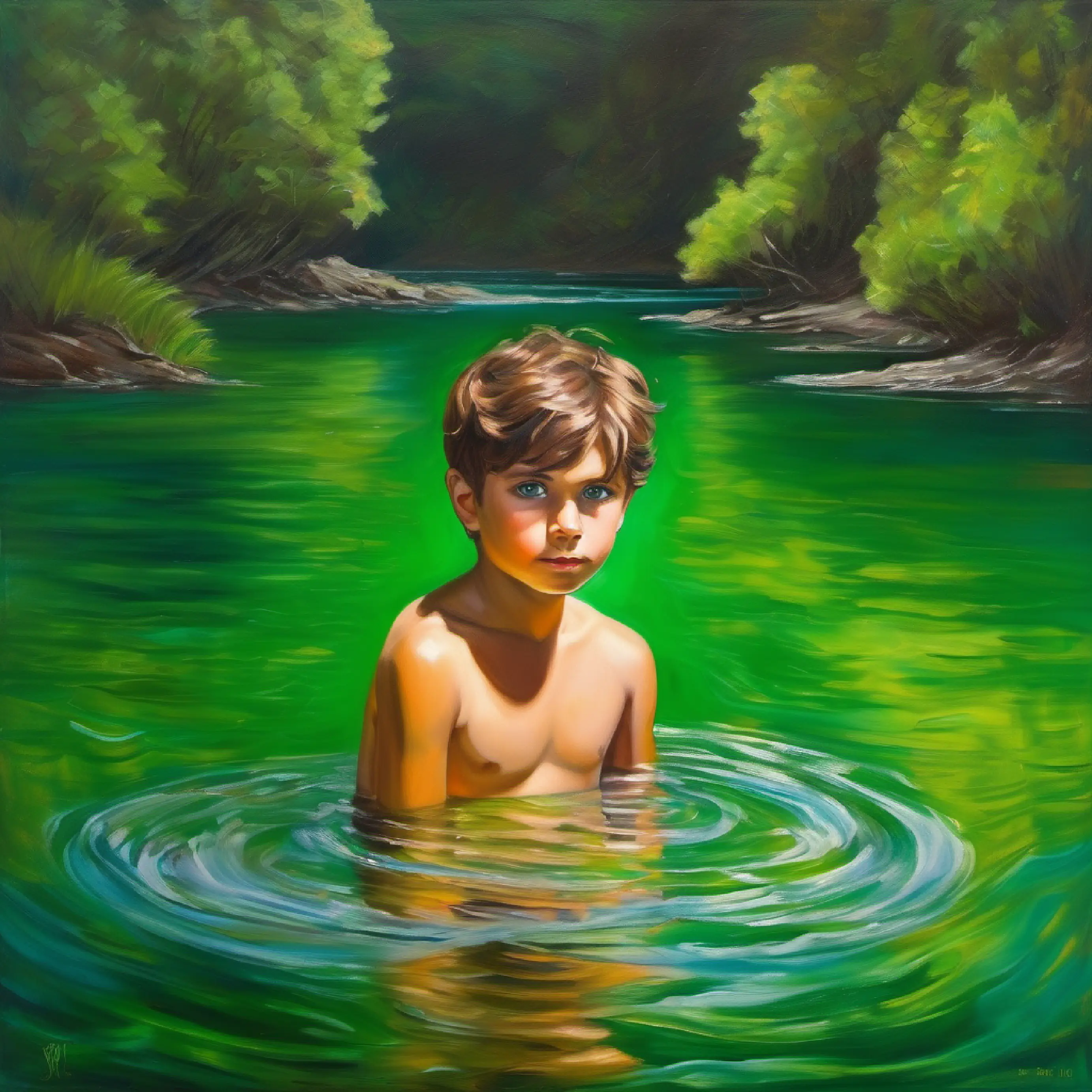 Courageous boy, tousled brown hair, bright green eyes reaches the Luminous Lake and faces the Guardian's riddles.