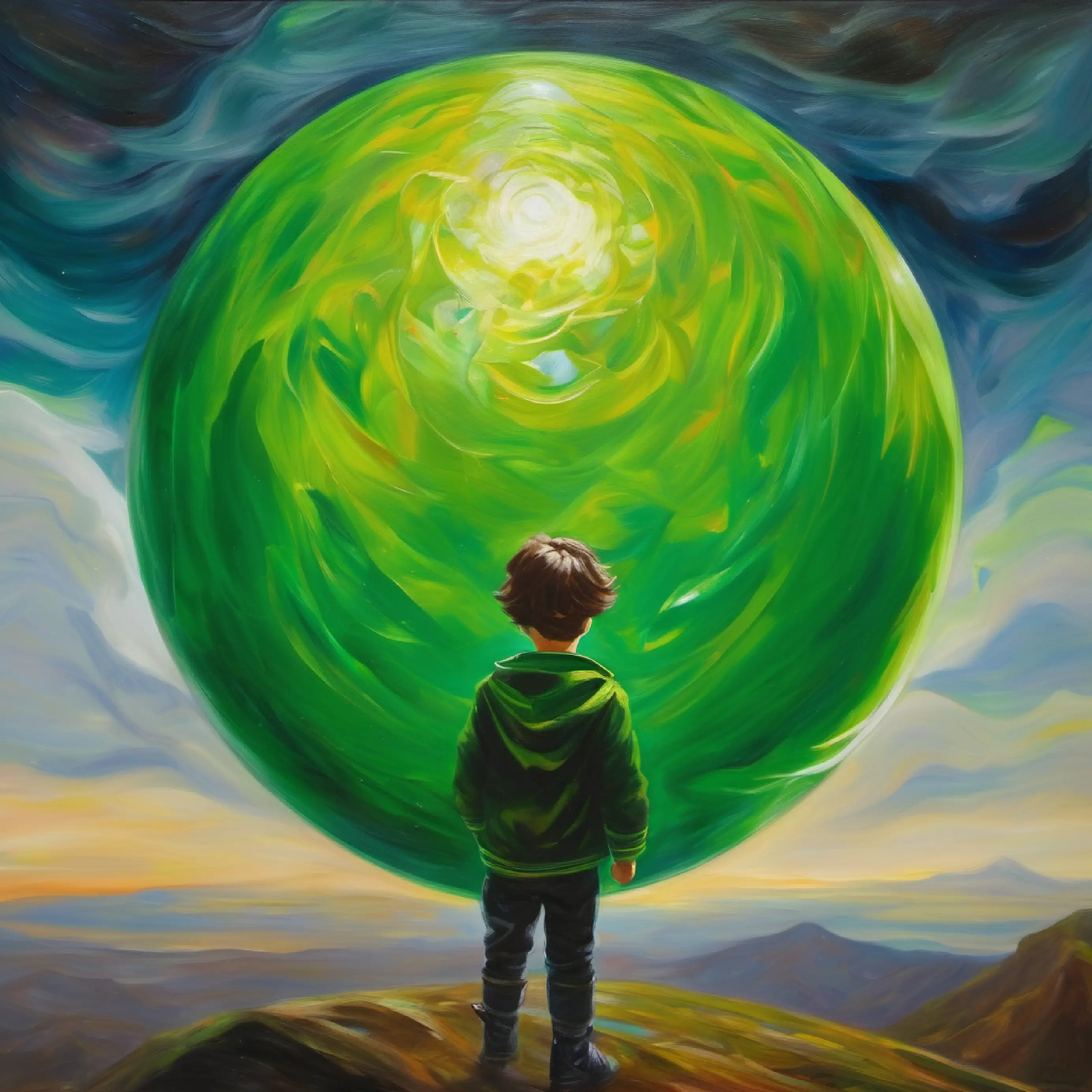 Courageous boy, tousled brown hair, bright green eyes answers the Guardian's riddles to approach the orb.