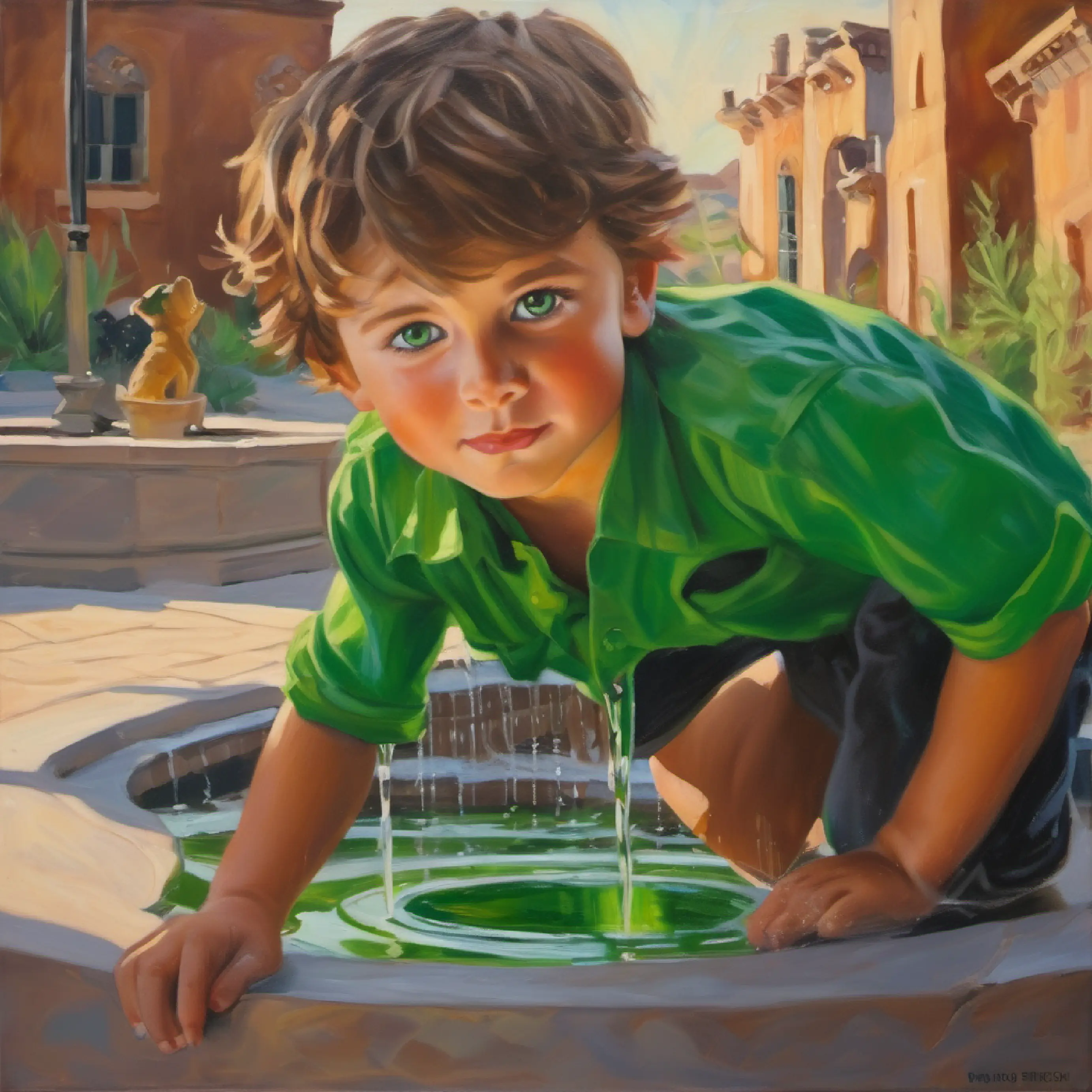 Introducing Courageous boy, tousled brown hair, bright green eyes and Sunridge's problem, a dry fountain.