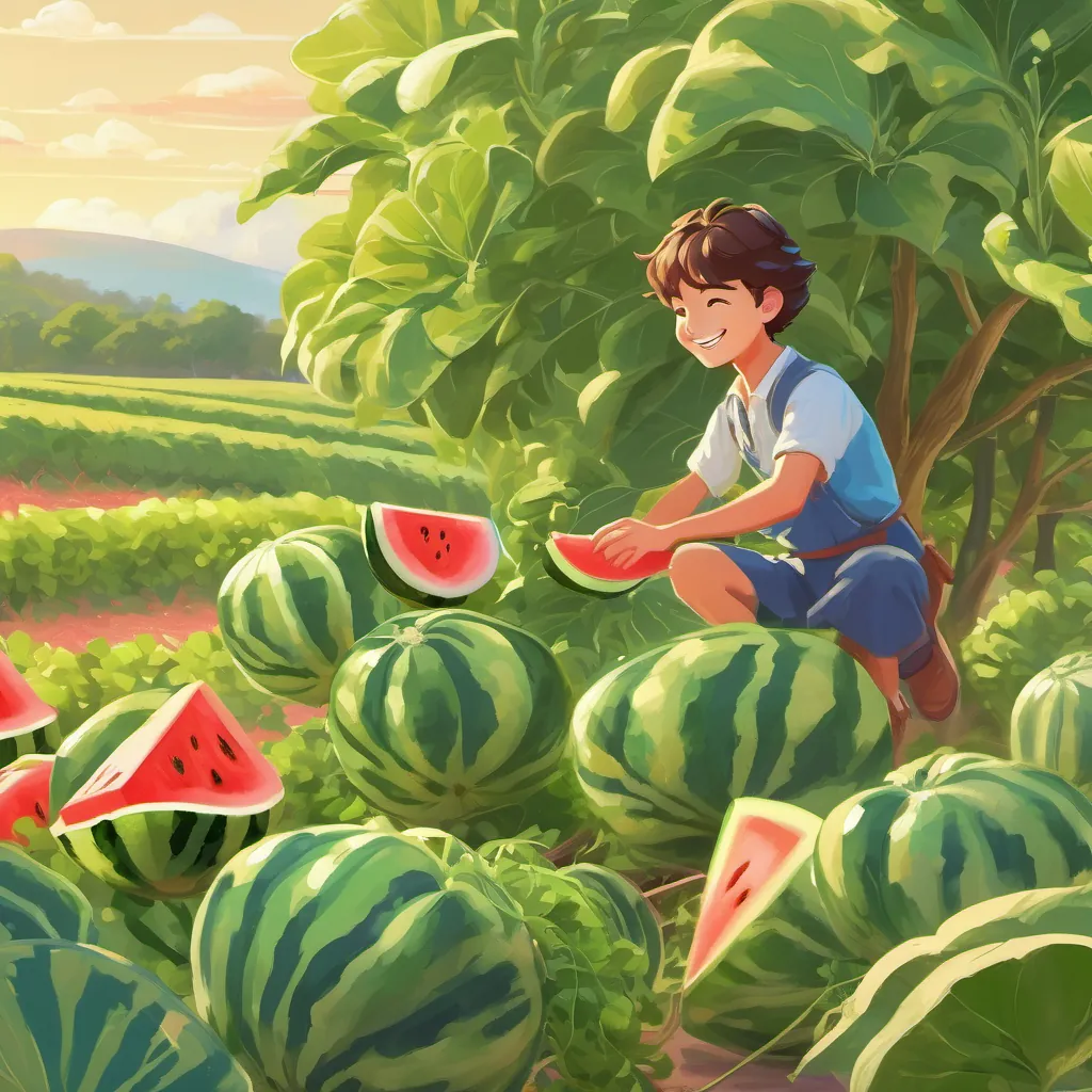 A young prince with a big smile, tending to lush watermelon plants in a vibrant, sunny field.