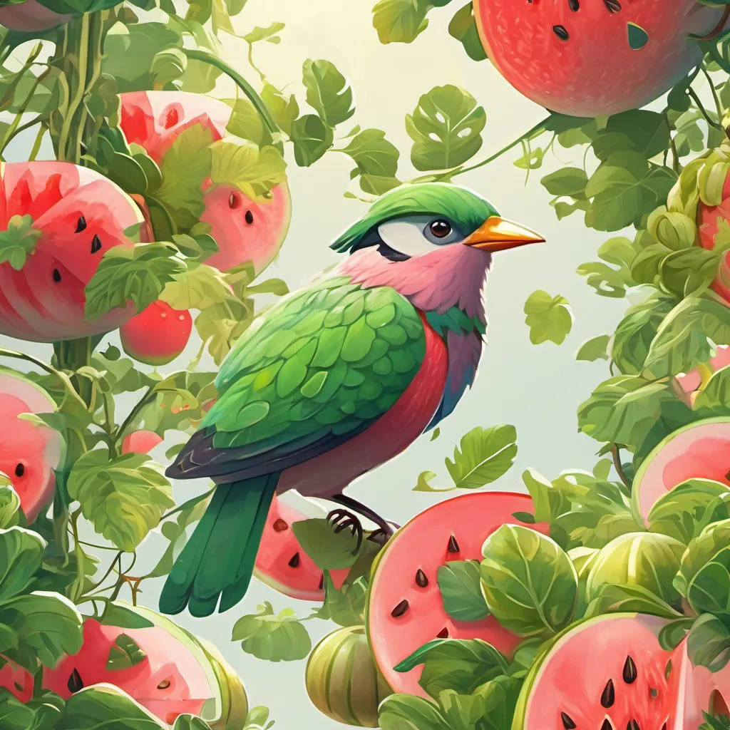 Colorful birds perched on watermelon vines, with glistening watermelons below and a cheerful prince in the garden.