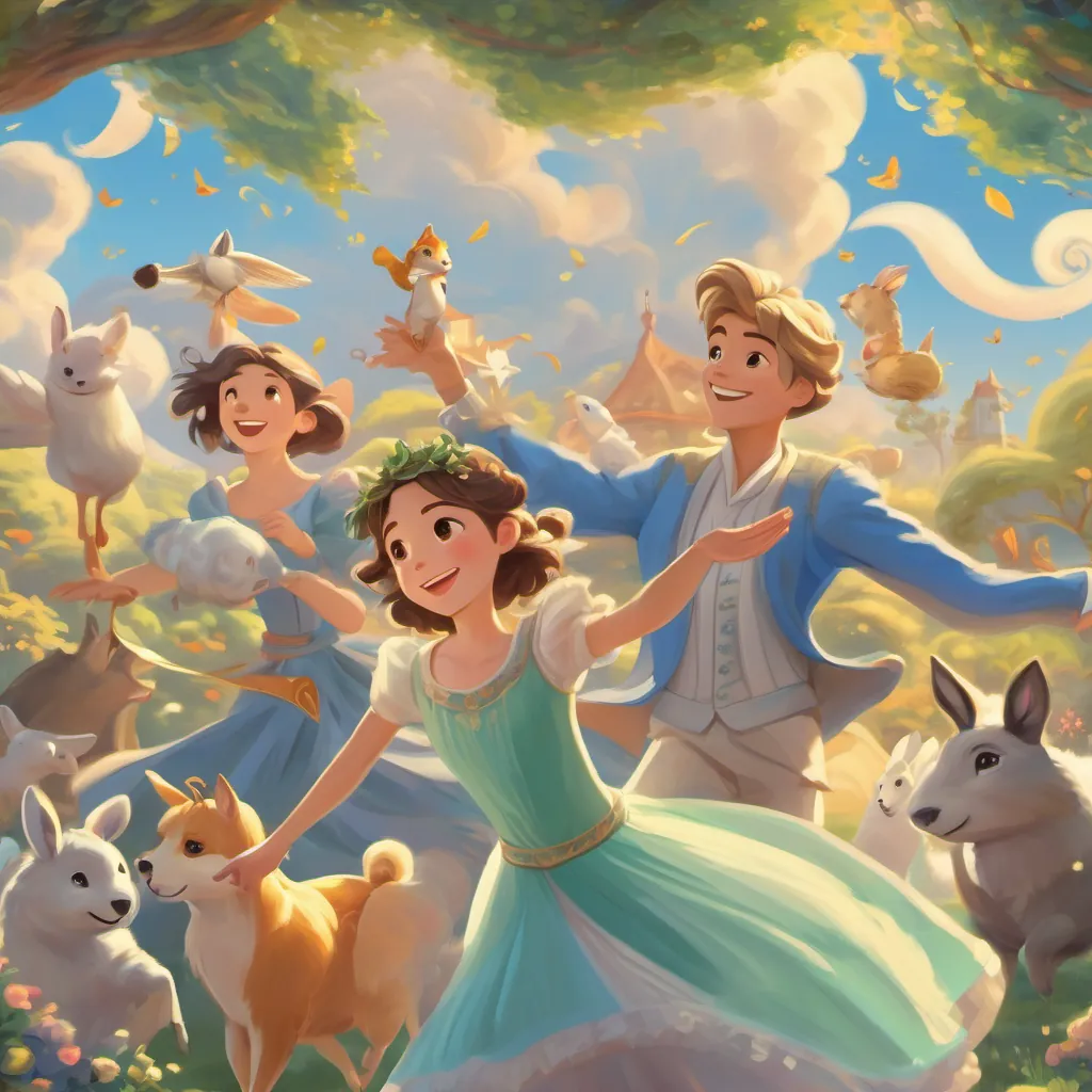 A whimsical dance with the prince and animals, twirling and laughing under morning skies.