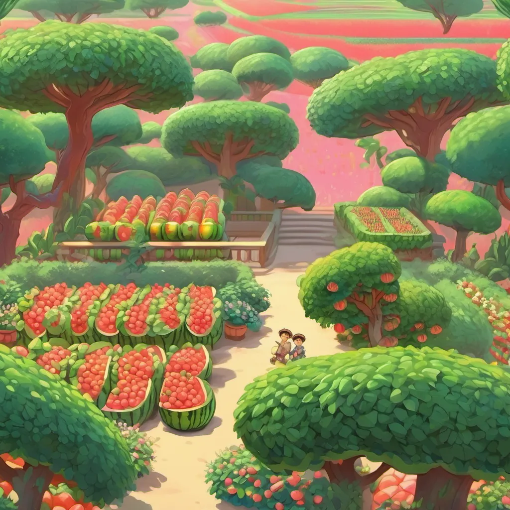 An expansive view of the prince’s lush, colorful garden with smiling friends and endless fields of watermelons.