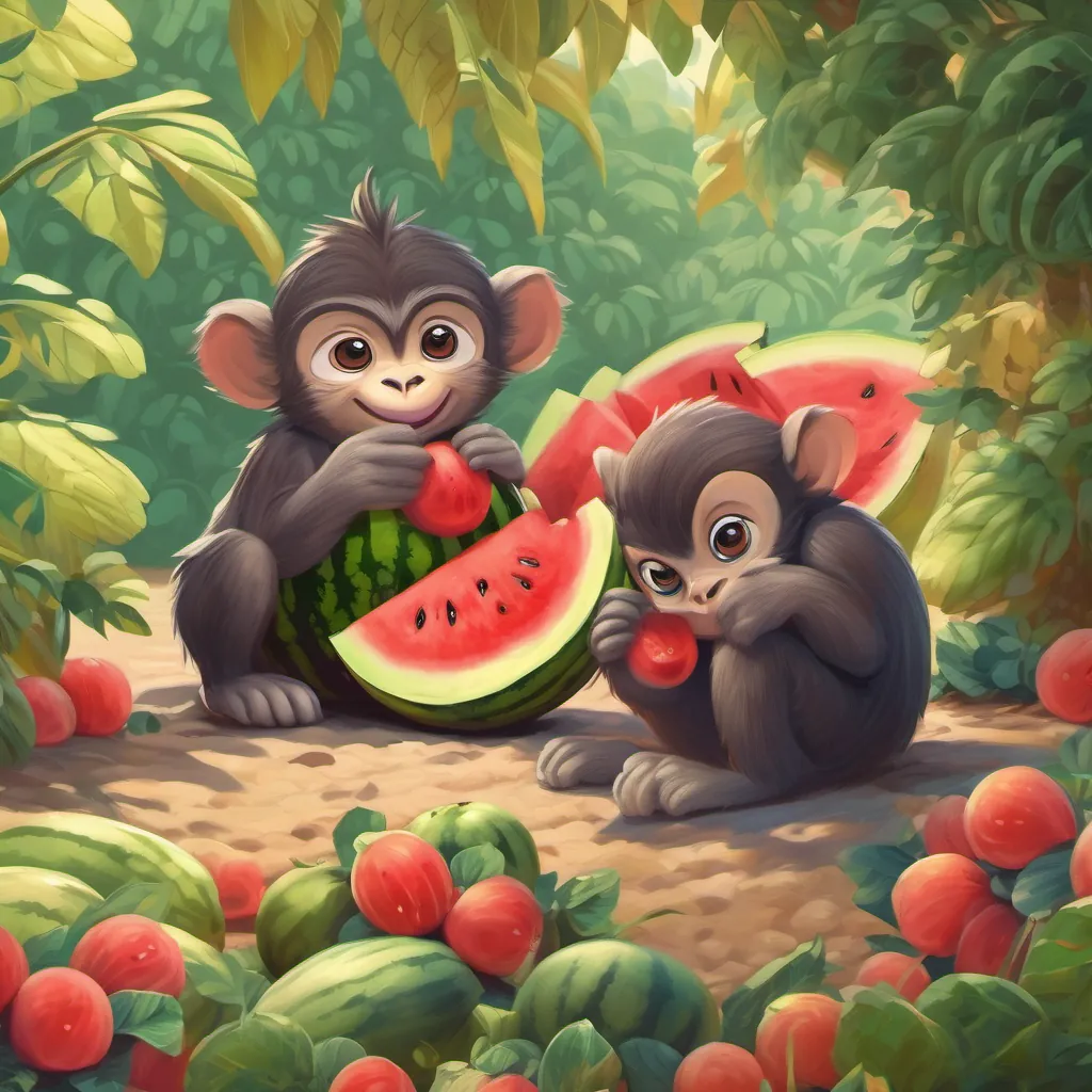 Cheeky monkeys with playful expressions, hiding amongst the shadows of the watermelon field, eyeing the fruits curiously.