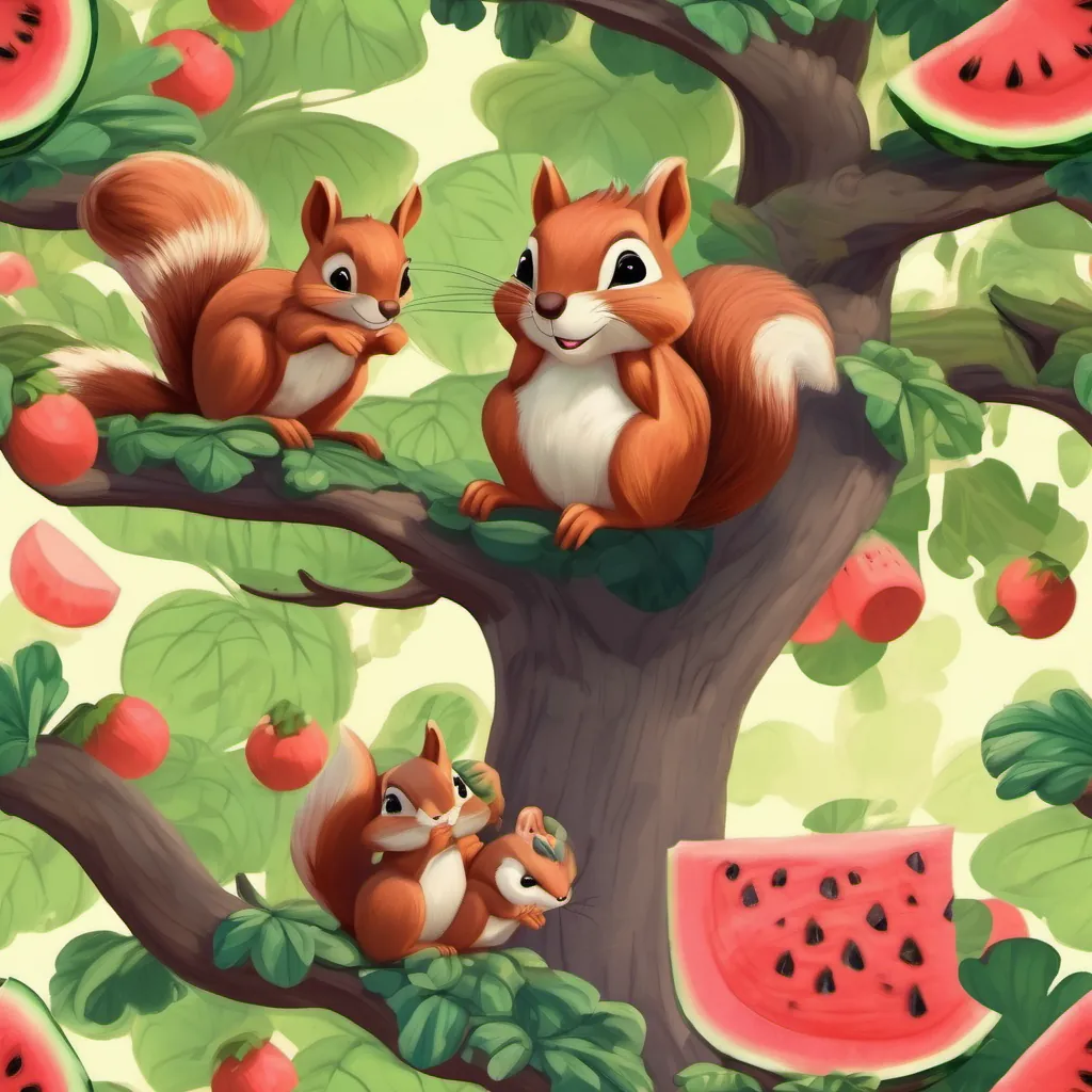 Cute squirrels with bushy tails, chattering among the treetops, focused on the watermelons below.