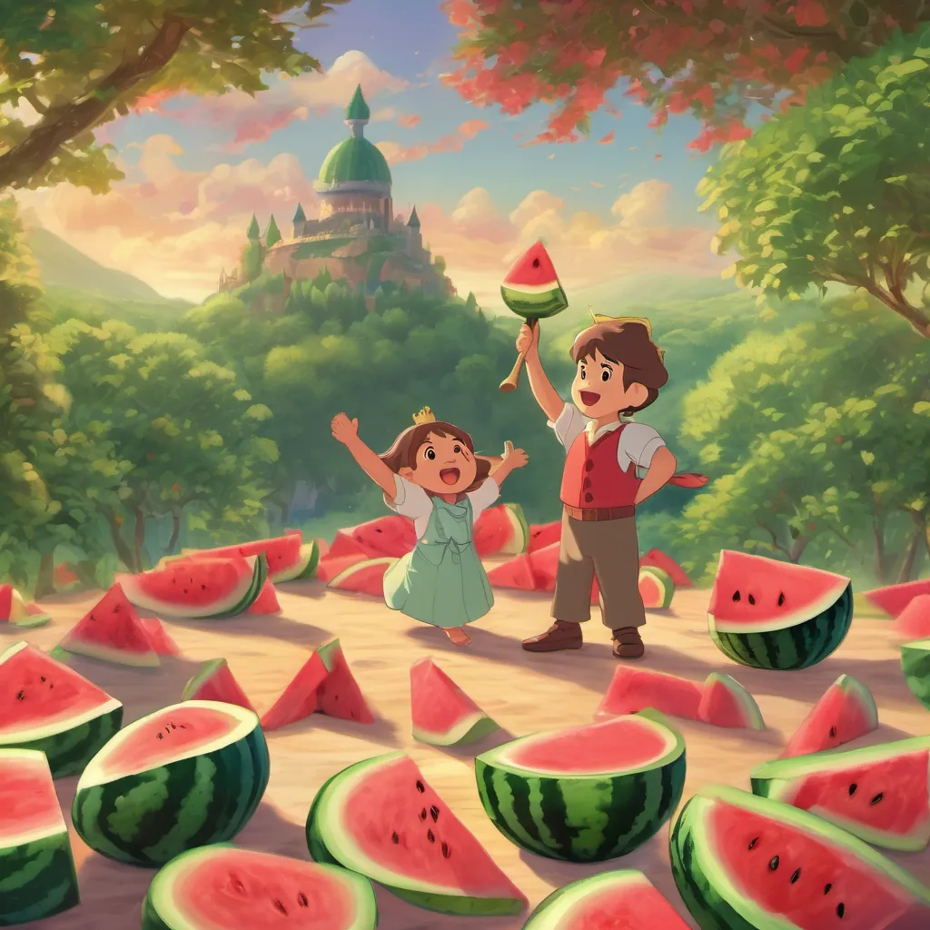 The prince with arms wide open, excitedly announcing the watermelon feast to the gathering animals.