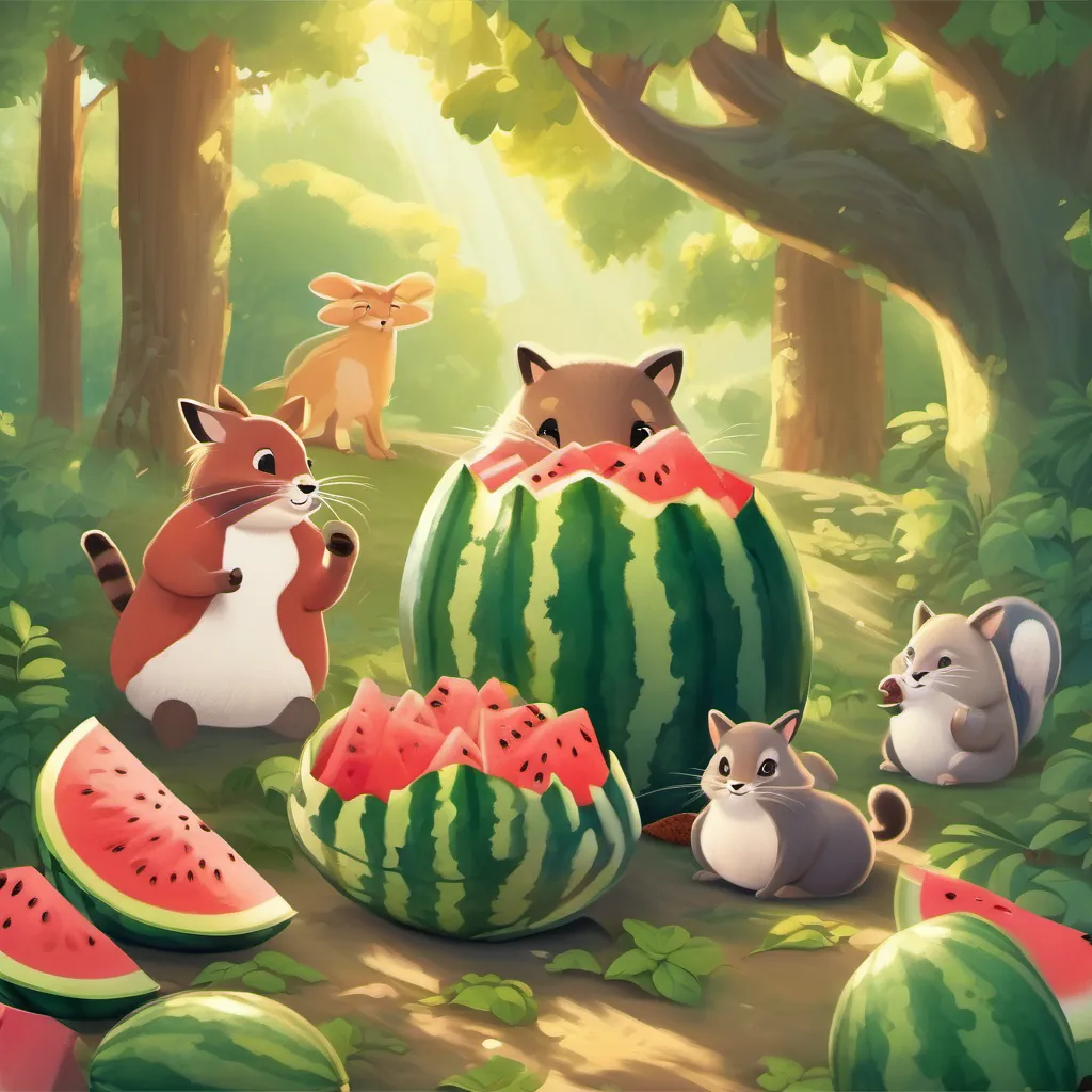 Animals joyfully eating watermelons together, under a shady grove with diverse wildlife present.