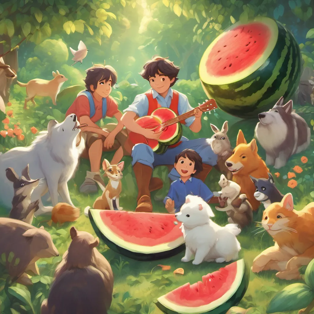 Prince enjoying a watermelon slice, surrounded by happy animal friends all sharing in the harvest.