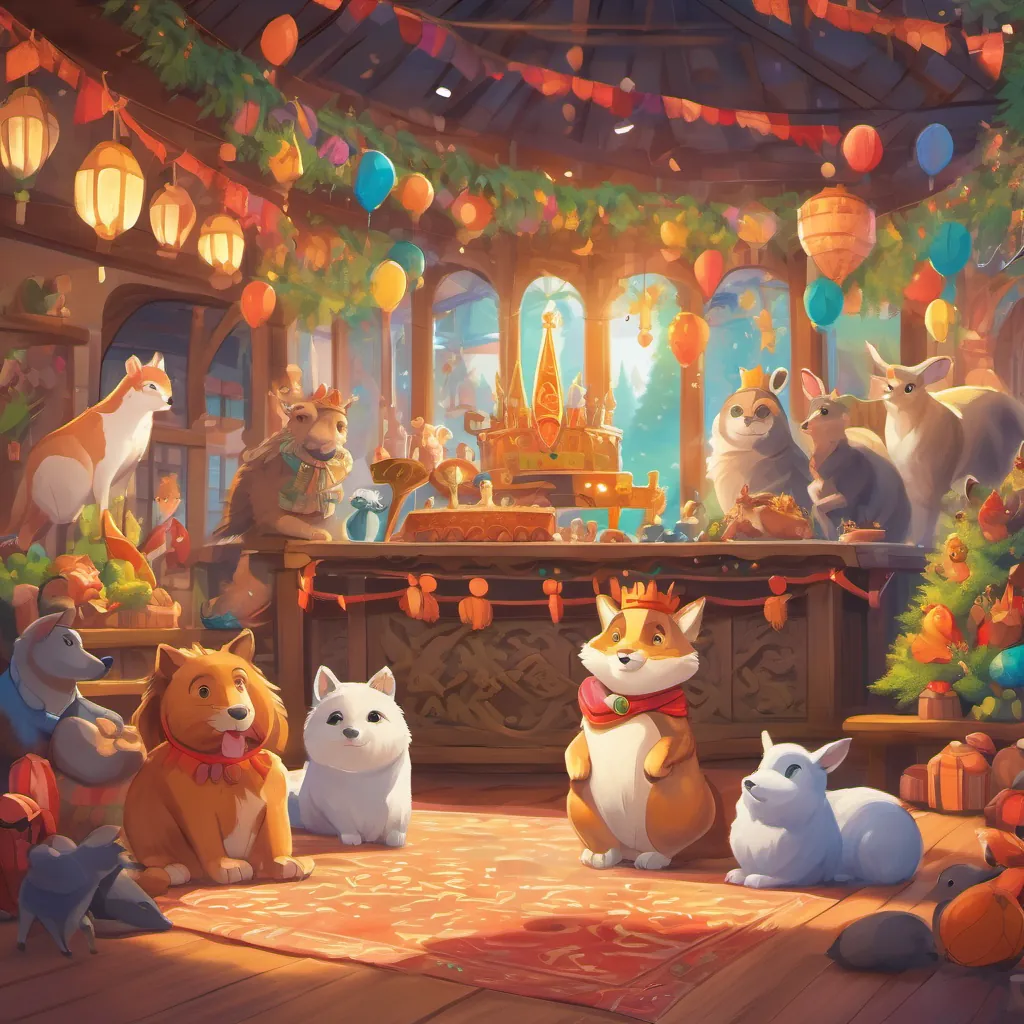 A festive scene with the prince and animals celebrating together, banners and vibrant colors all around.