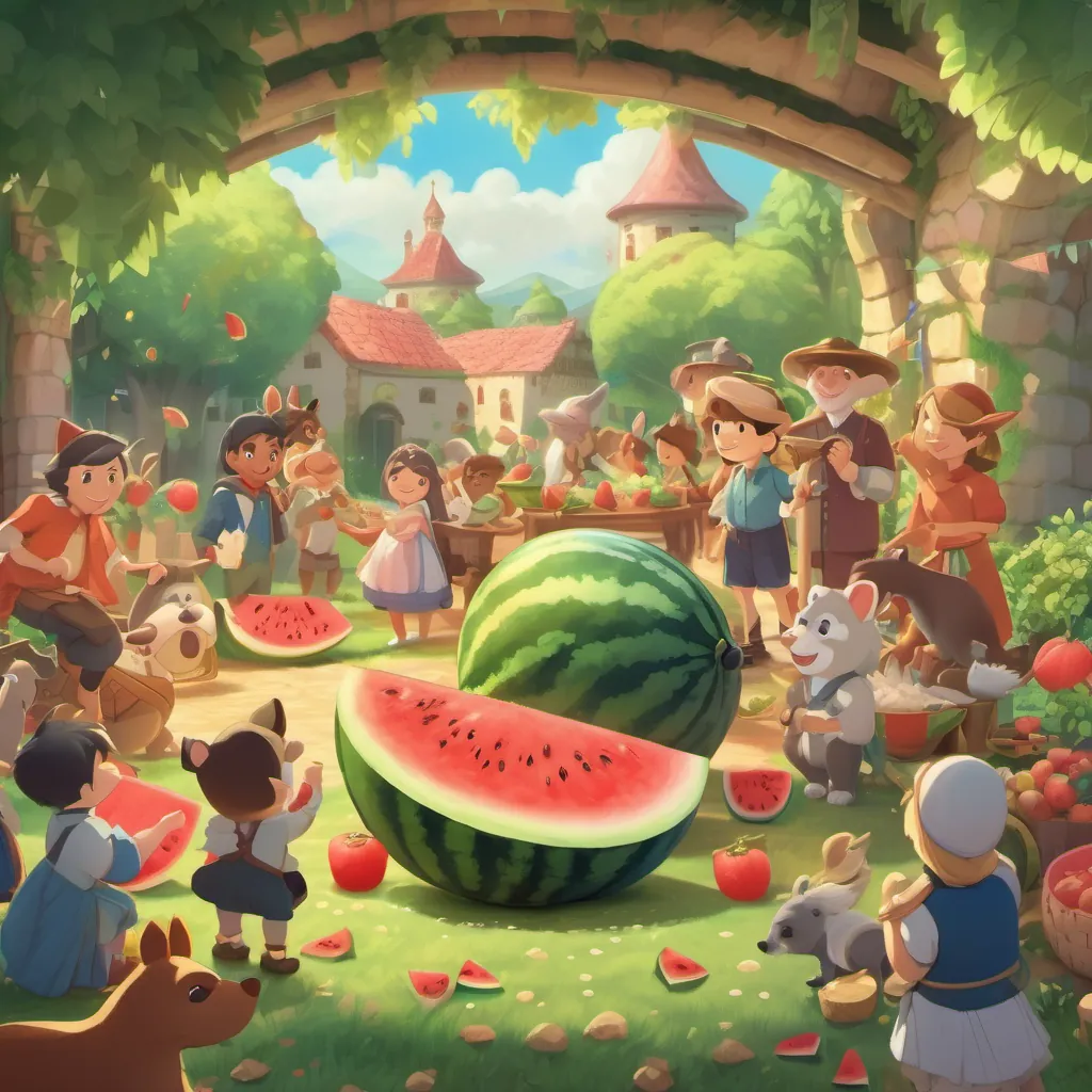 A magical scene with the prince, animals, and villagers, gathered around a watermelon-themed celebration.