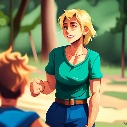 Blonde hair, green shirt, blue shorts, always smiling playing outside with friends, feeling tired and thirsty