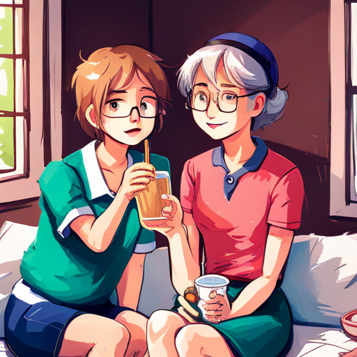 Blonde hair, green shirt, blue shorts, always smiling talking to Brown hair, pink dress, glasses, happy expression about the health benefits of water