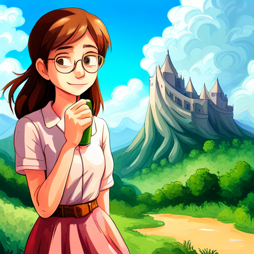 Brown hair, pink dress, glasses, happy expression explaining the benefits of water to Blonde hair, green shirt, blue shorts, always smiling