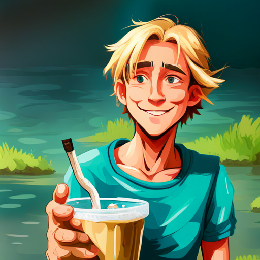 Blonde hair, green shirt, blue shorts, always smiling realizing the magic of water and deciding to drink more