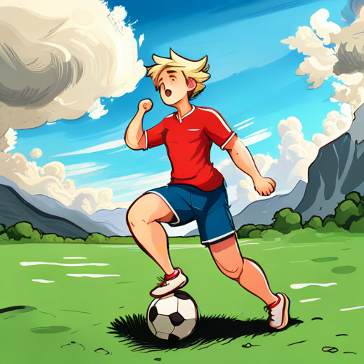 Blonde hair, green shirt, blue shorts, always smiling and friends playing soccer on a hot day, Black hair, red t-shirt, blue pants, feeling tired feeling tired