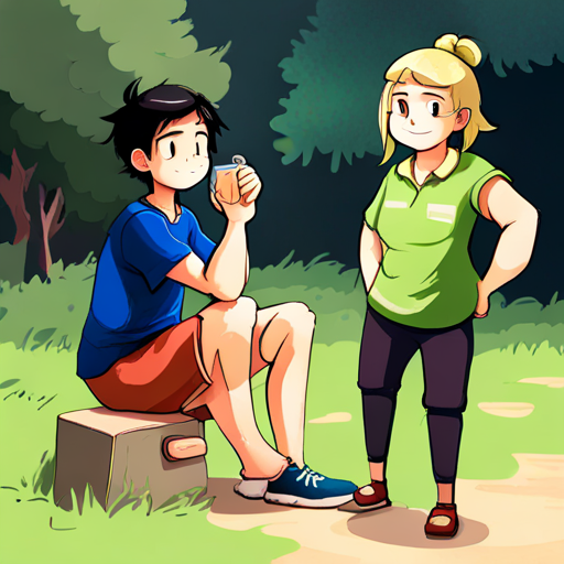 Blonde hair, green shirt, blue shorts, always smiling reminding Black hair, red t-shirt, blue pants, feeling tired about the benefits of water