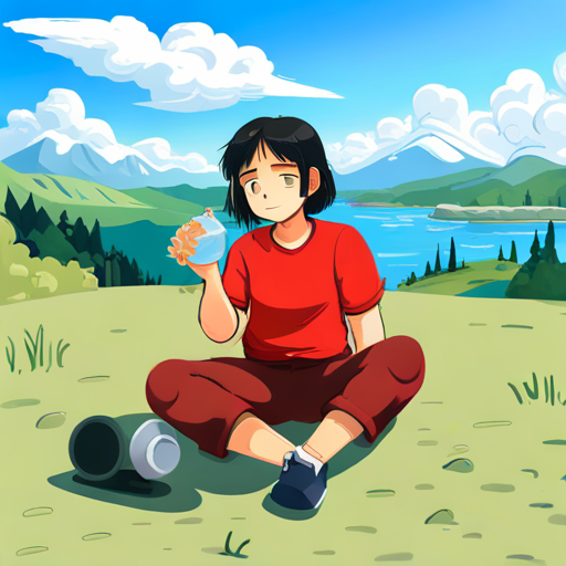 Black hair, red t-shirt, blue pants, feeling tired drinking water and feeling refreshed