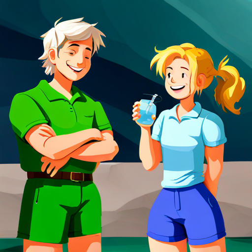 Blonde hair, green shirt, blue shorts, always smiling and friends drinking water together, feeling good